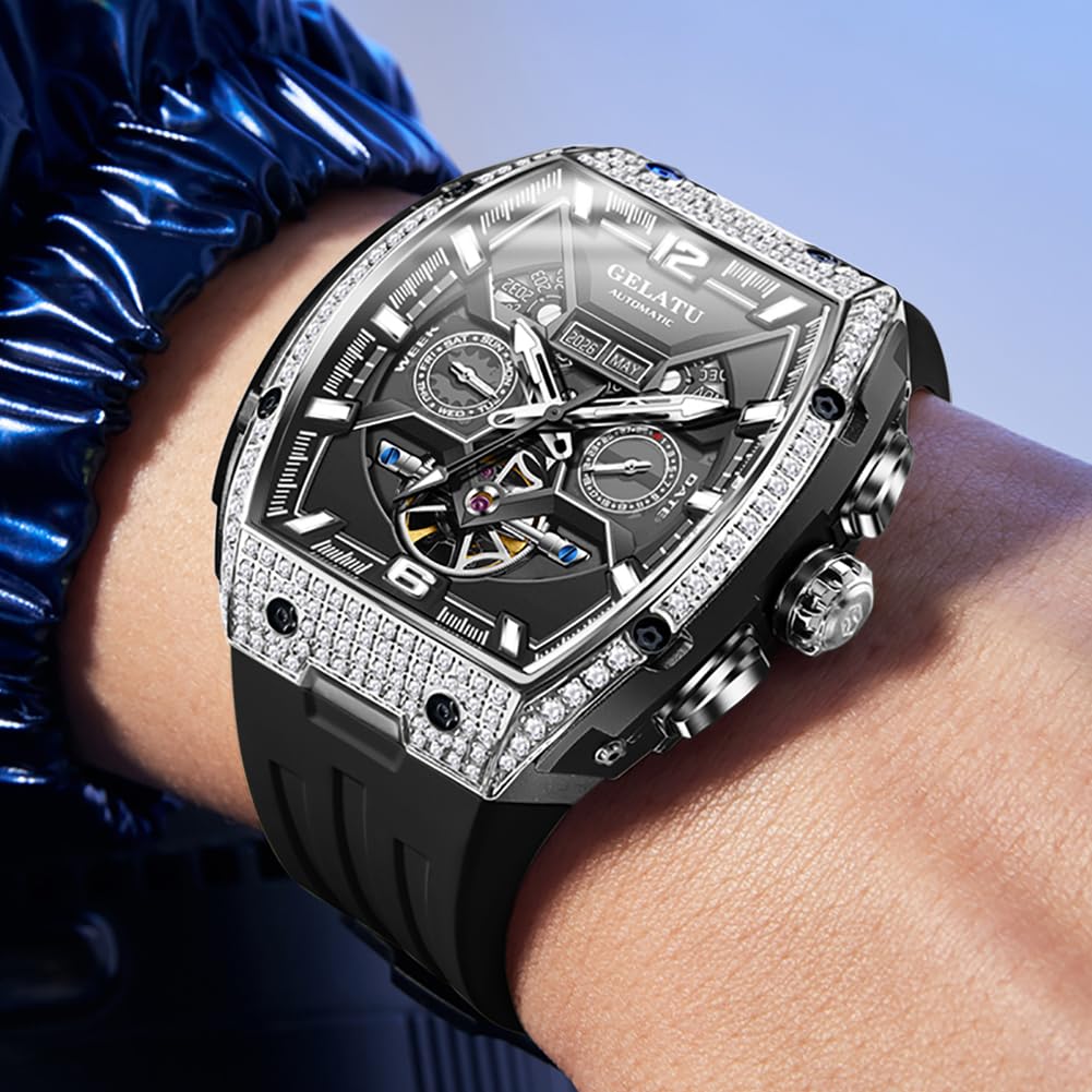 OLEVS GELATU Men Watch Automatic Tonneau Watch Skeleton Mechanical 50M Waterproof Sapphire Crystal Square Face Multi Calendar Function