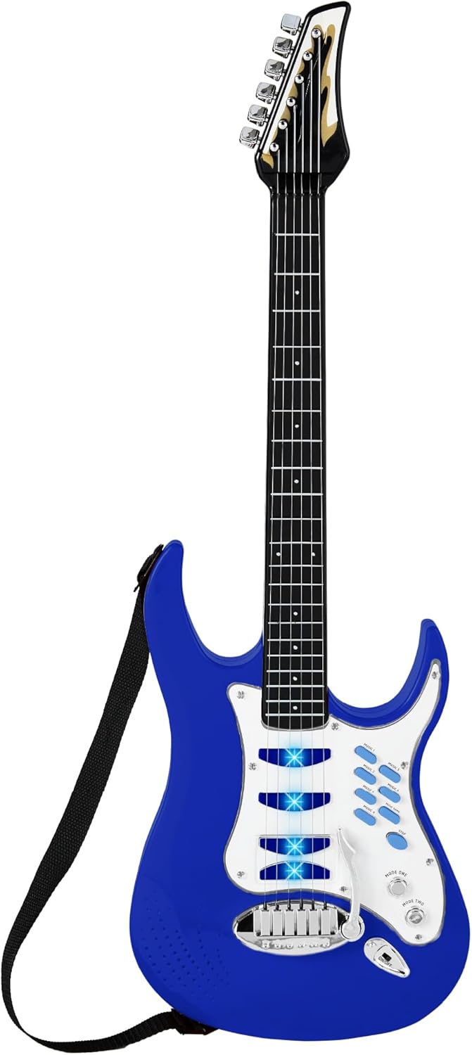 Best Choice Products Kids Electric Guitar Set with Microphone & Amp, Interactive Musical Toy for Boys & Girls, Lights & Sounds, Demo Songs, AUX Input, DIY Stickers - Blue