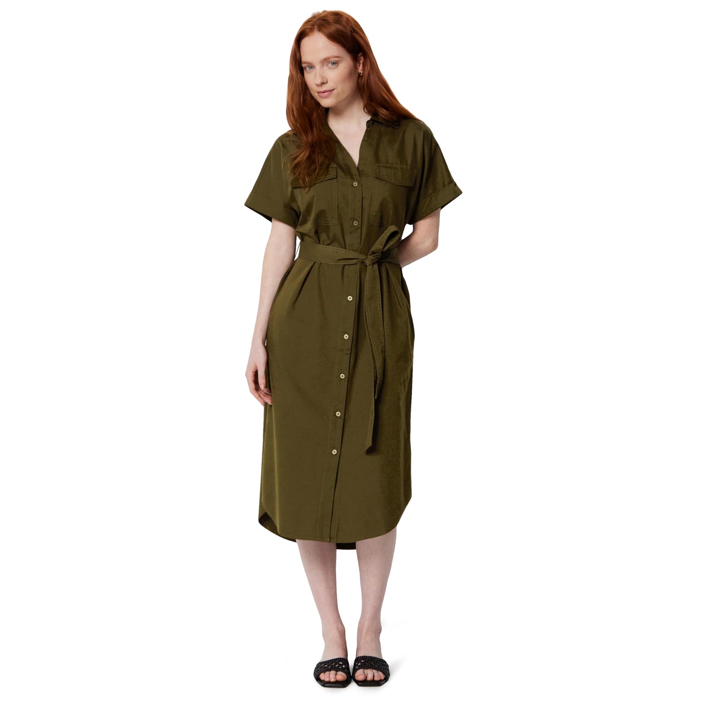 Amazon Essentials Women's Relaxed-Fit Short Sleeve Button-Down Dress with Belt