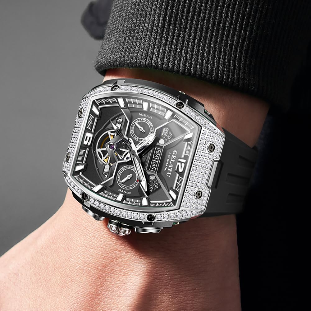 OLEVS GELATU Men Watch Automatic Tonneau Watch Skeleton Mechanical 50M Waterproof Sapphire Crystal Square Face Multi Calendar Function