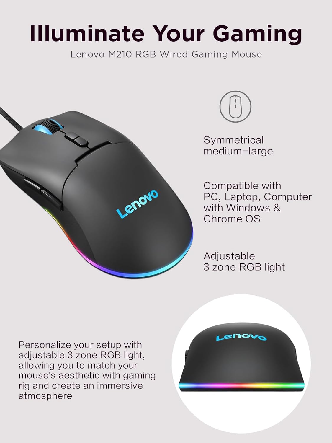 Lenovo 100 Wired USB Computer Mouse for PC, Laptop, Computer with Windows - Full-Size - Ambidextrous Design - 3 Buttons - Red Optical Sensor – Black