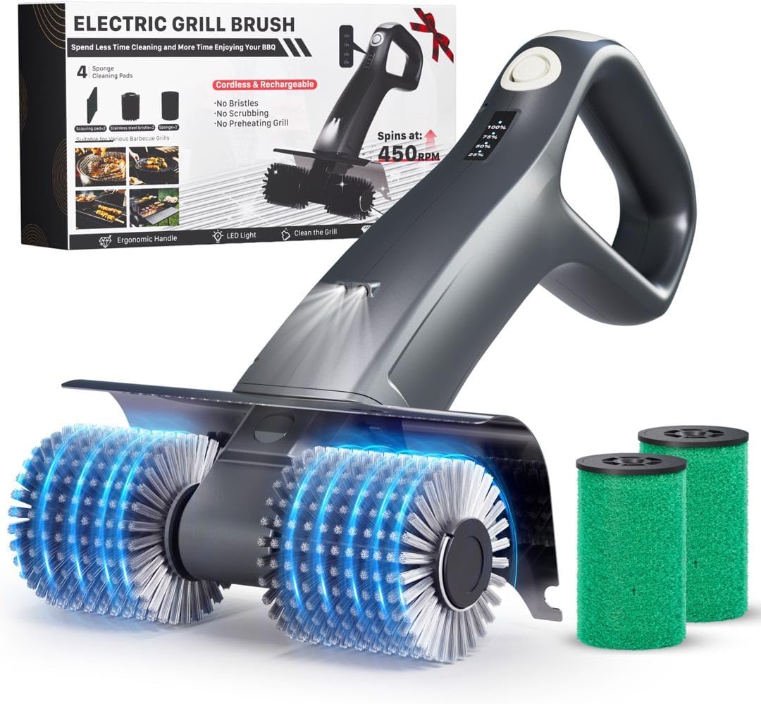 Electric Grill Brush Rechargeable, Dual Brush Heads Design Cordless Electric BBQ Grill Cleaner with Replaceable Head, No Bristles Grill Brush Outdoor Grill for Burnt-On Grease & Grill Grates