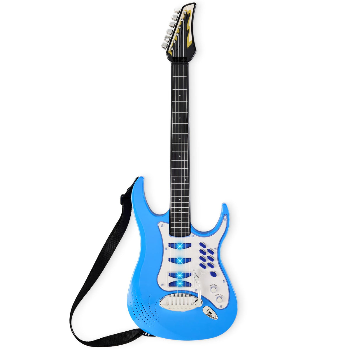 Best Choice Products Kids Electric Guitar Set with Microphone & Amp, Interactive Musical Toy for Boys & Girls, Lights & Sounds, Demo Songs, AUX Input, DIY Stickers - Blue