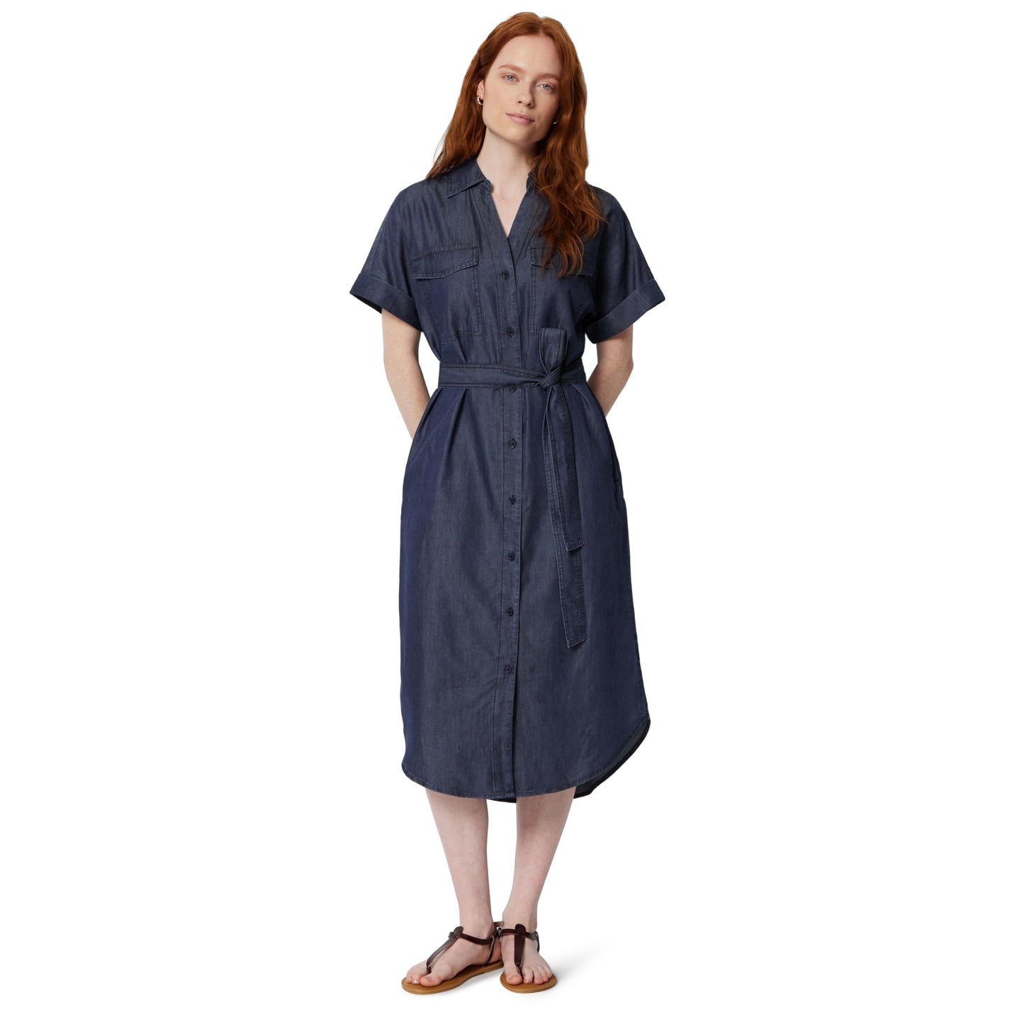 Amazon Essentials Women's Relaxed-Fit Short Sleeve Button-Down Dress with Belt