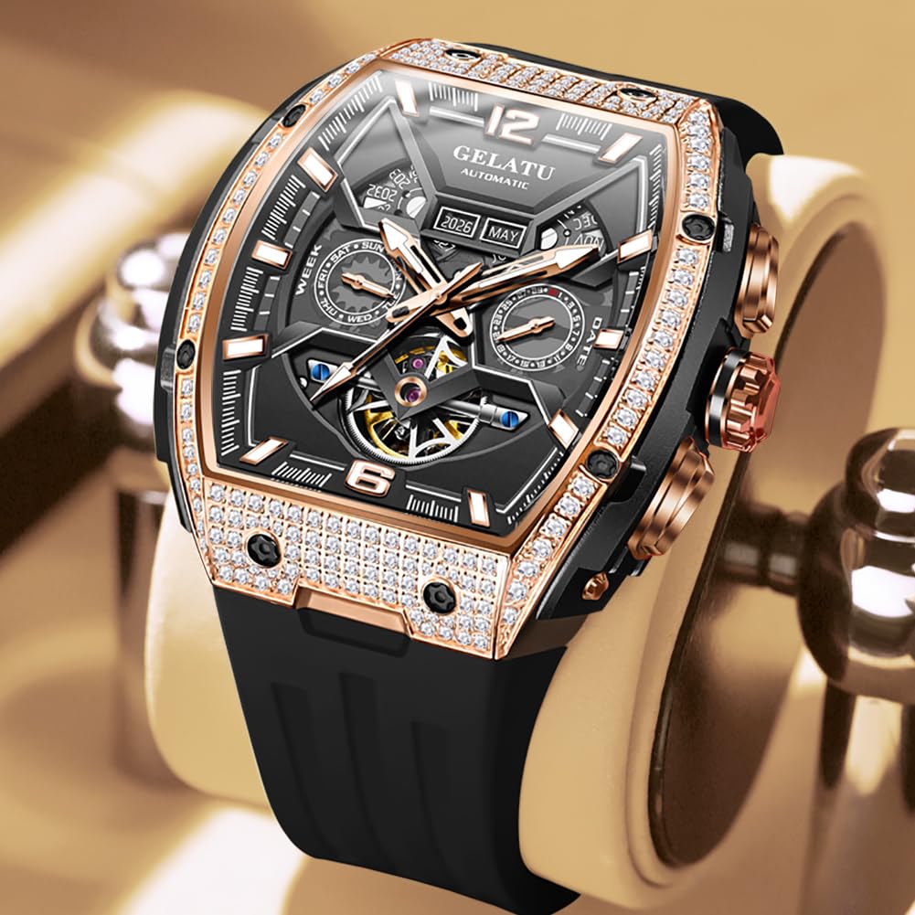 OLEVS GELATU Men Watch Automatic Tonneau Watch Skeleton Mechanical 50M Waterproof Sapphire Crystal Square Face Multi Calendar Function
