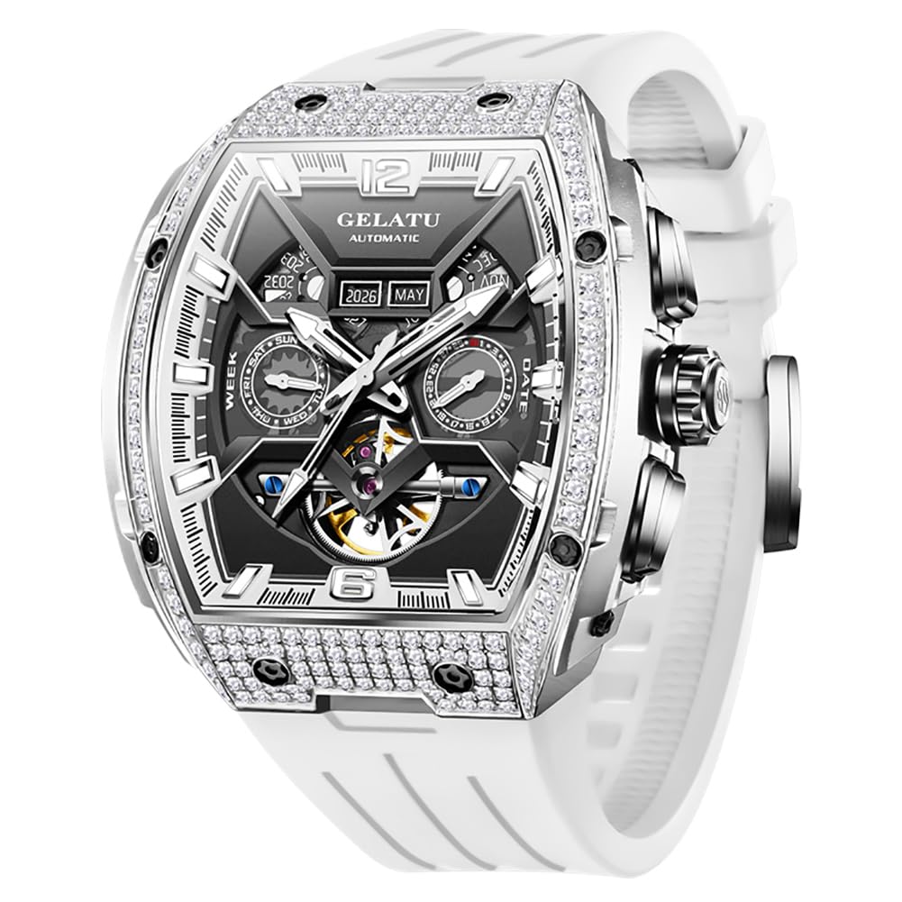 OLEVS GELATU Men Watch Automatic Tonneau Watch Skeleton Mechanical 50M Waterproof Sapphire Crystal Square Face Multi Calendar Function