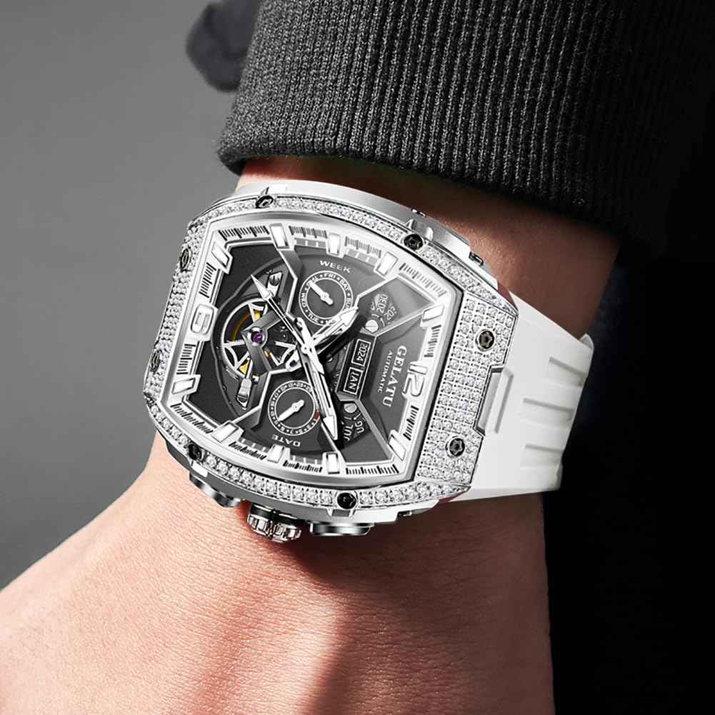 OLEVS GELATU Men Watch Automatic Tonneau Watch Skeleton Mechanical 50M Waterproof Sapphire Crystal Square Face Multi Calendar Function