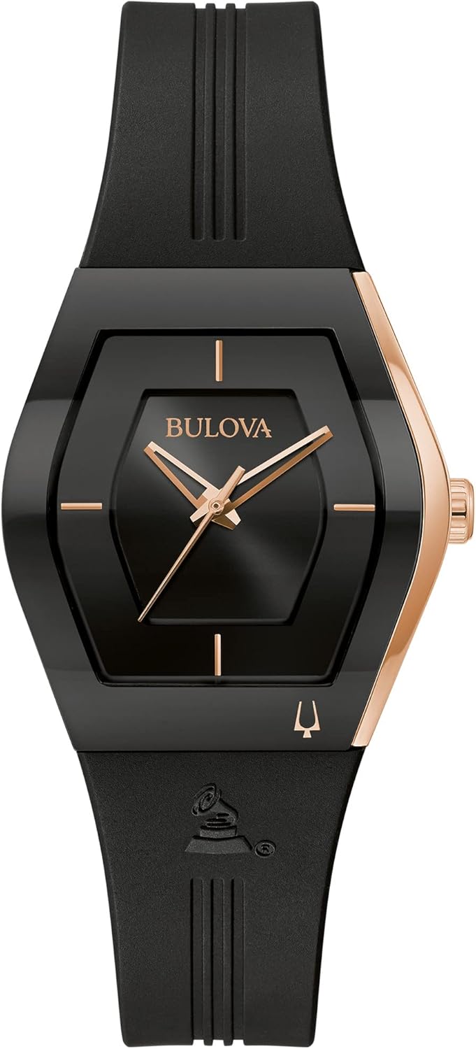 Bulova Latin Grammy Gemini Quartz Rose Gold Stainless Steel Accent with Curved Mineral Crystal and Black Silicone Strap Watch, Ladies