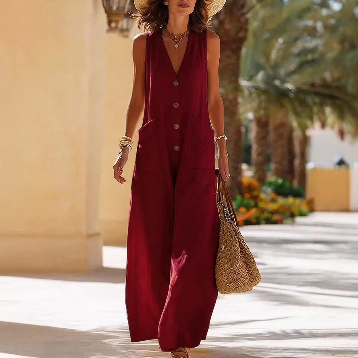 Women's Sleeveless Wide-Leg Jumpsuit – Button Pockets
