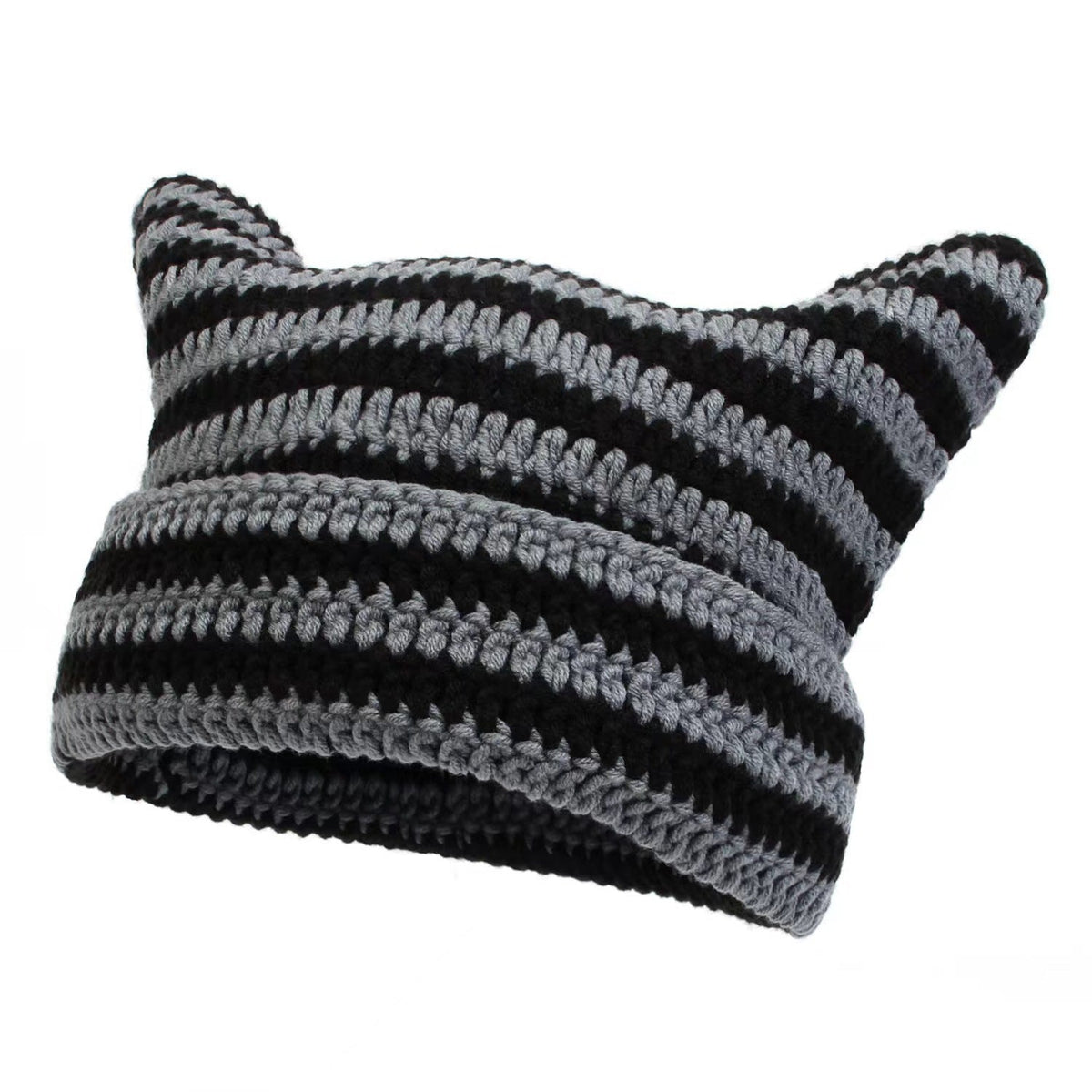 Women’s Hand Knitted Striped Cat Hat – Cute Warm Winter Beanie