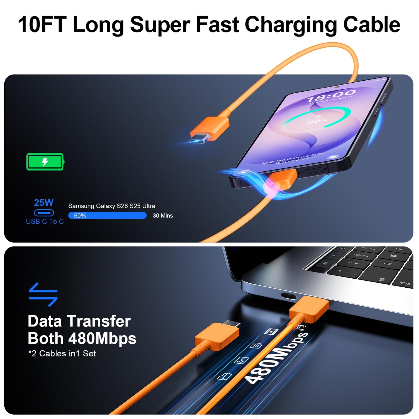 Super Fast Charger Type C, 25W USB C Wall Charger Fast Charging for Samsung Galaxy S26 Ultra/S26/S26+/S25 Ultra/S25/24 Ultra/S24/S23 Ultra/S22 Ultra with 10FT Long Android Type C Charger Cable 2Pack