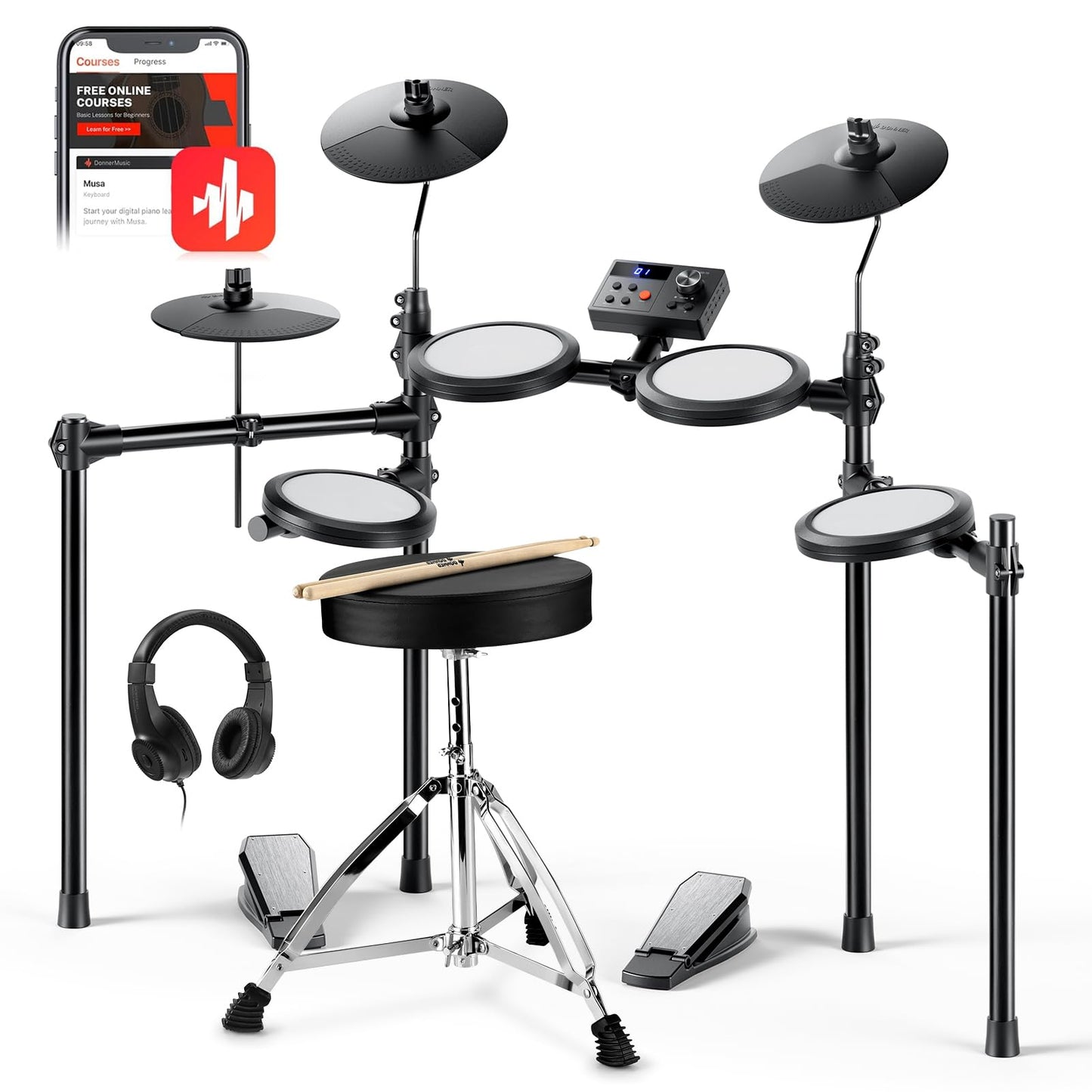 Donner Electric Drum Set, DED-70 Electronic Drum Kit for Beginner with 150 Sounds, 4 Quiet Mesh Pads, 9" Cymbals, USB MIDI, Type-C Charging, 2 Pedal, Throne, Headphones, Sticks, Melodics Lessons