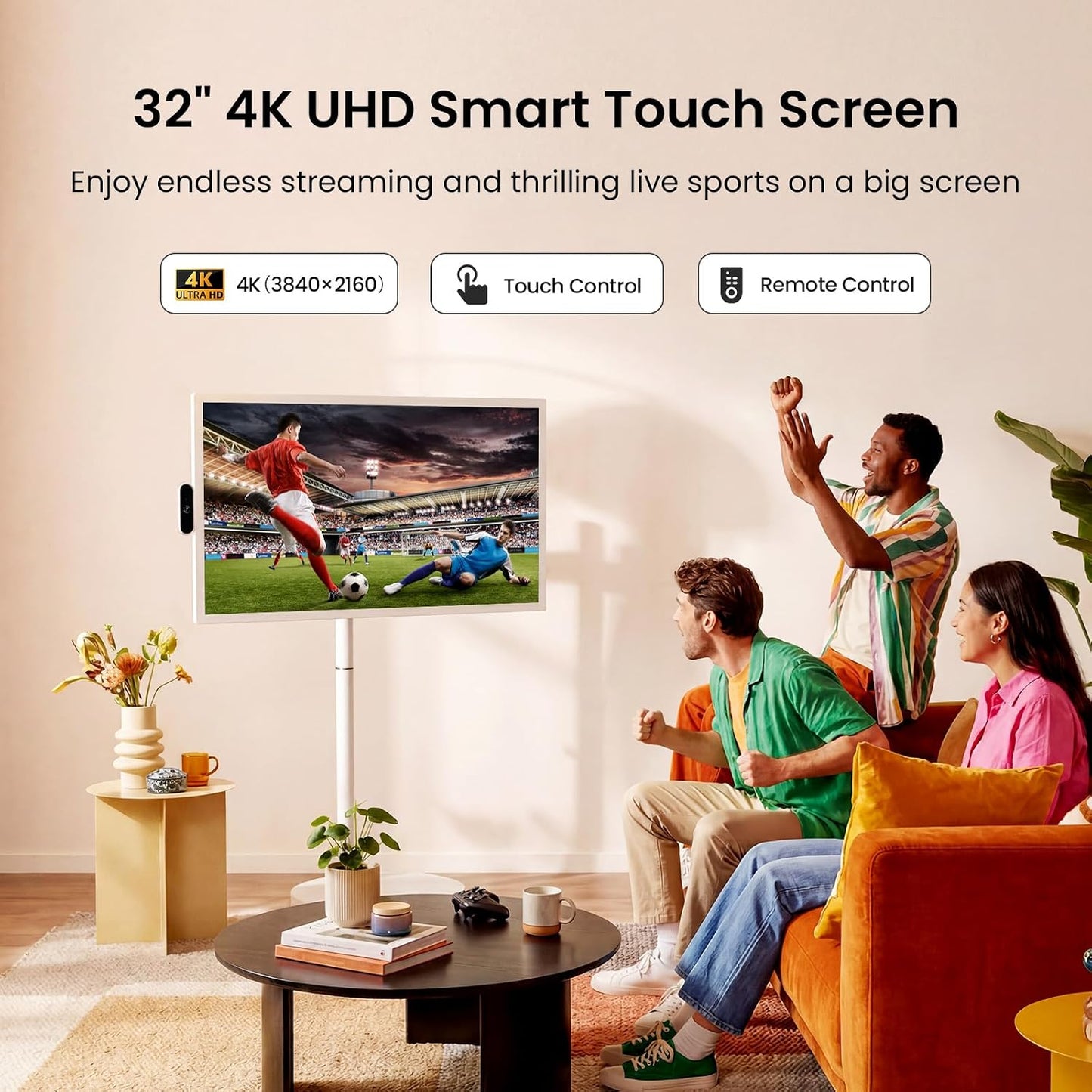 ApoloSign 32 Inch 4K UHD Smart Portable TV on Wheels, Android 16 EDLA Certified, 256GB Storage, Built-in 15000mAh Battery, Voice Remote, Touch Screen TV with Rolling Stand for Home, Office - Gen2