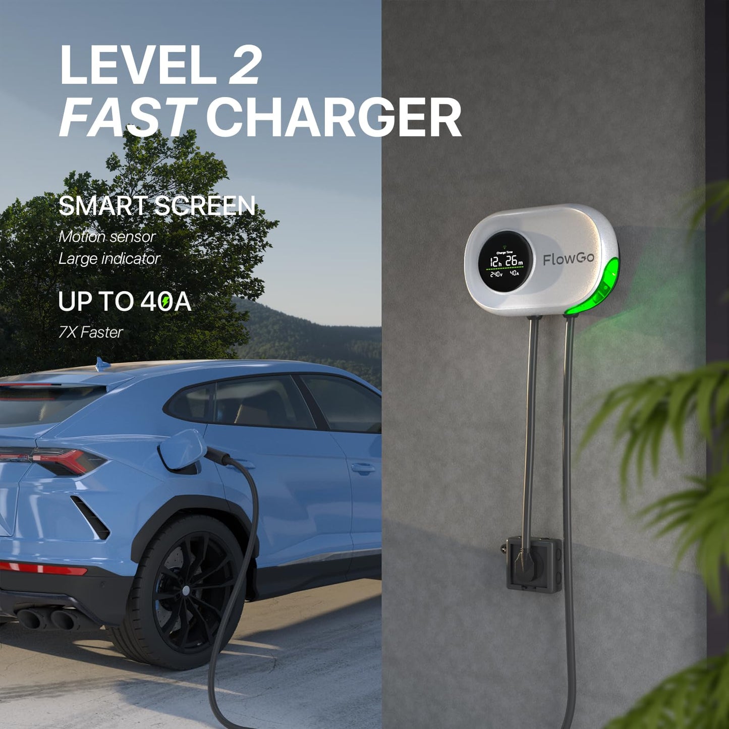 Level 2 Charger for Tesla 50A Smart Home Charger NACS 240V Tesla Charger 50 Apms Large Motion-Activate Display Screen One-Piece Housing Metal Case 25 FT Cable NEMA 14-50 Plug