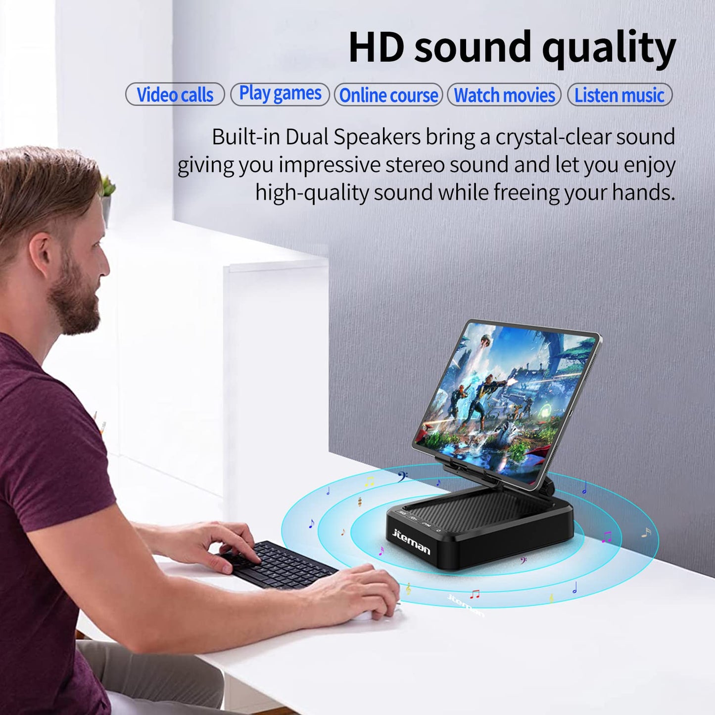 Cell Phone Stand with Wireless Bluetooth Speaker and Anti-Slip Base HD Surround Sound Perfect for Home and Outdoors with Bluetooth Speaker for Desk Compatible with iPhone/ipad/Samsung Galaxy