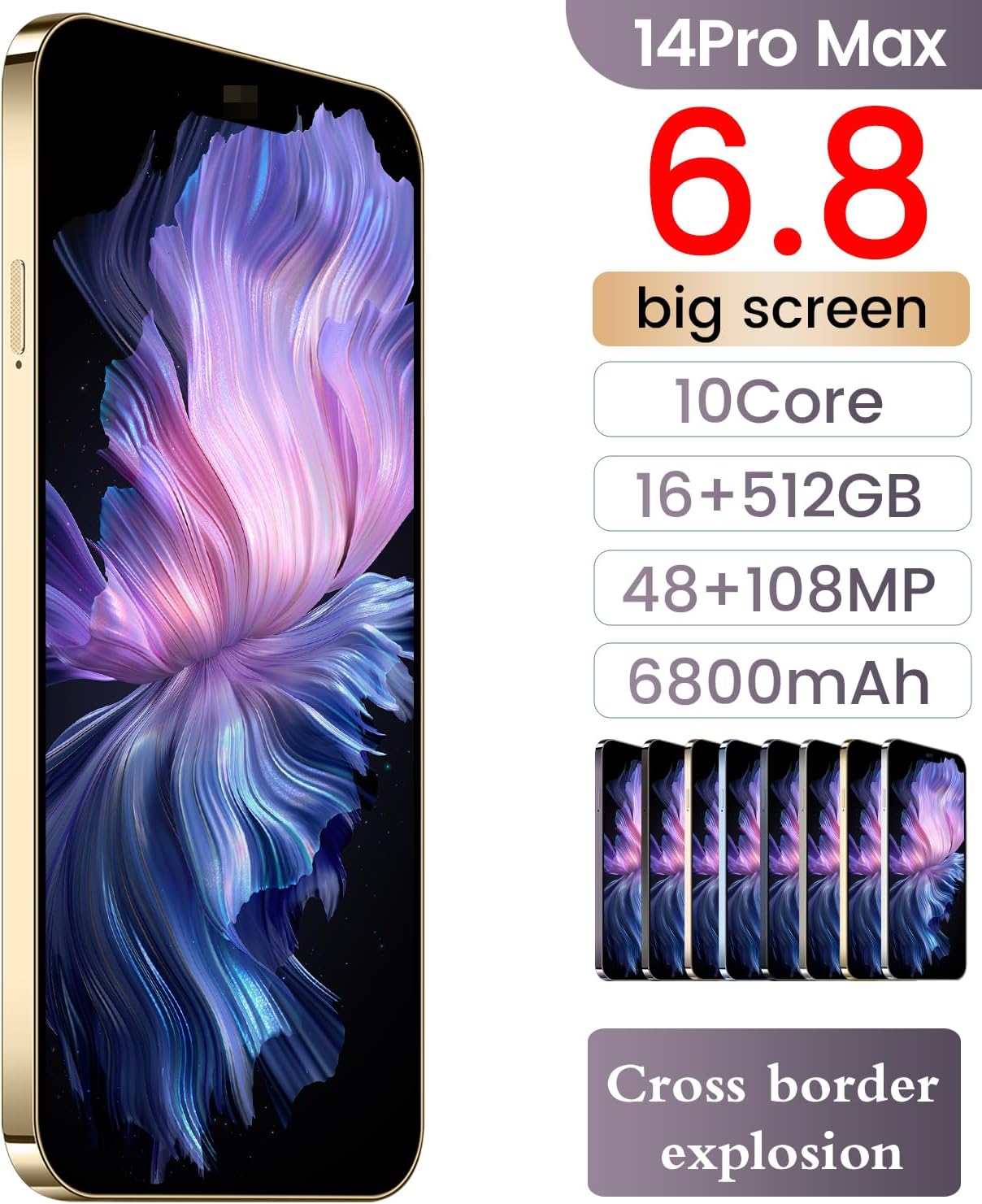 14PROMA X Unlocked Smartphone, 16+512GB, Android 13.0 Unlocked Cell Phones, 6.82" HD Screen Battery 6800mAH with 128GB Memory Card/Face ID/Fingerprint Lock/Dual SIM 5G Phone (Gold)