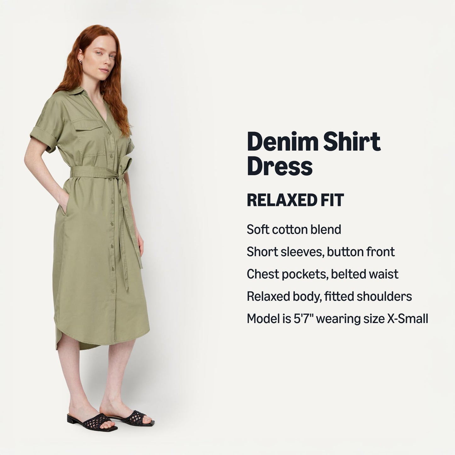 Amazon Essentials Women's Relaxed-Fit Short Sleeve Button-Down Dress with Belt