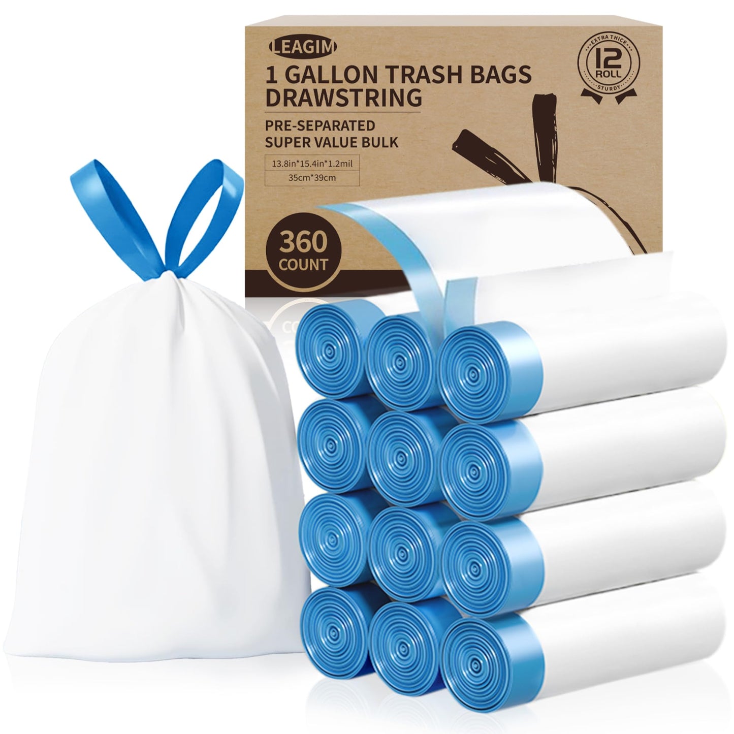 Small Trash Bags 3 Gallon, 360 Count -1.2 Mil Drawstring Mini Garbage Bags, White Plastic Trash Can Liners for Bathroom Accessories, 12 Liter, Bedroom, Dorm Room Essentials, Office