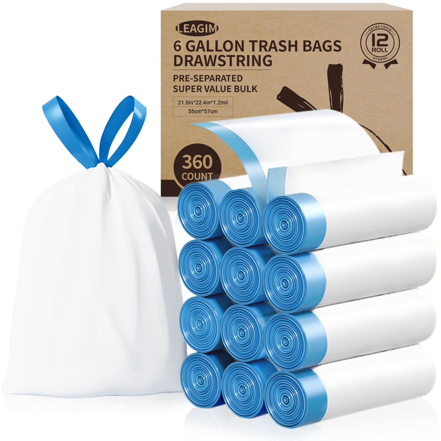 Small Trash Bags 3 Gallon, 360 Count -1.2 Mil Drawstring Mini Garbage Bags, White Plastic Trash Can Liners for Bathroom Accessories, 12 Liter, Bedroom, Dorm Room Essentials, Office