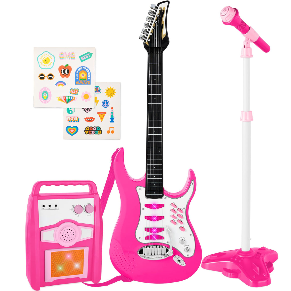 Best Choice Products Kids Electric Guitar Set with Microphone & Amp, Interactive Musical Toy for Boys & Girls, Lights & Sounds, Demo Songs, AUX Input, DIY Stickers - Blue