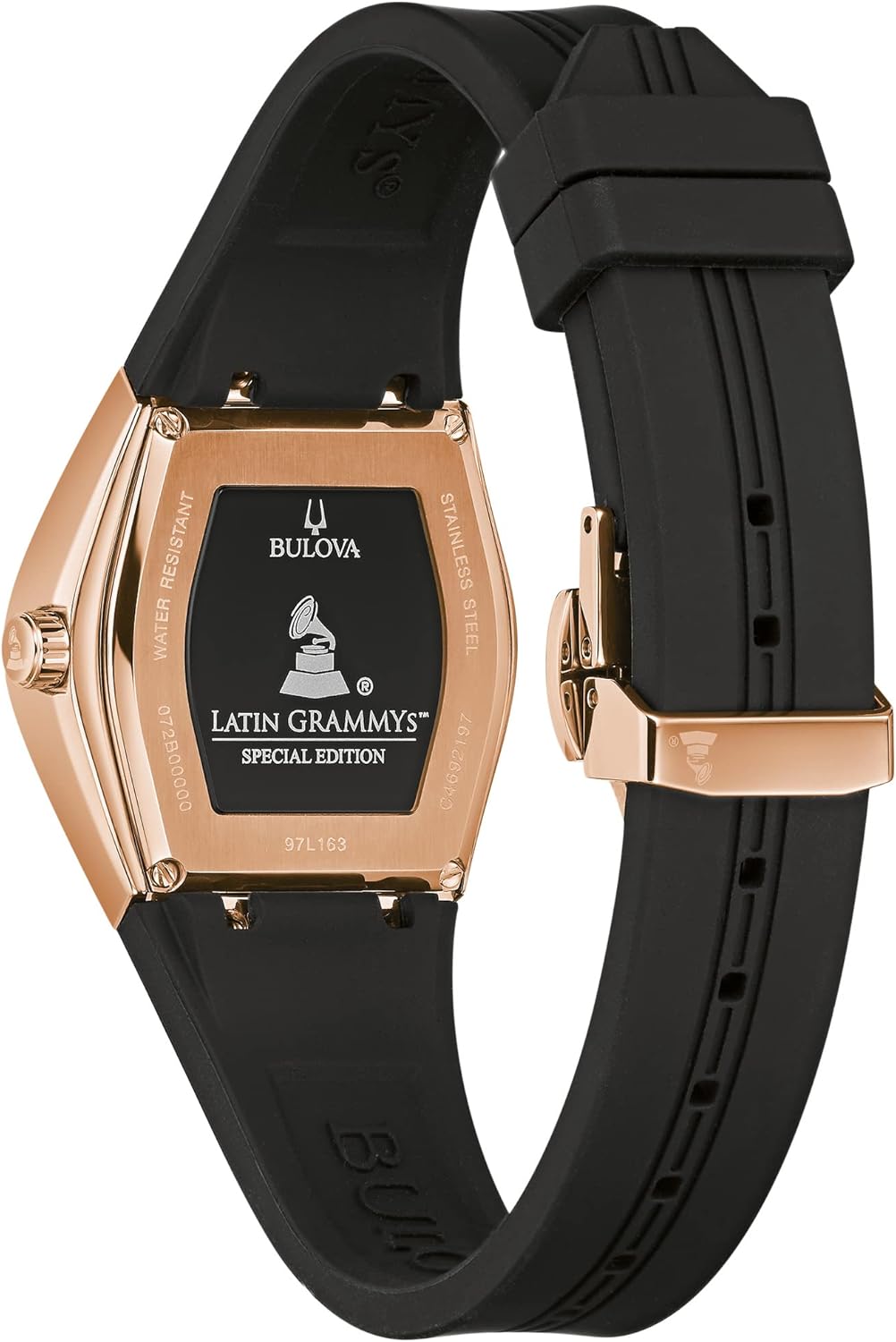 Bulova Latin Grammy Gemini Quartz Rose Gold Stainless Steel Accent with Curved Mineral Crystal and Black Silicone Strap Watch, Ladies