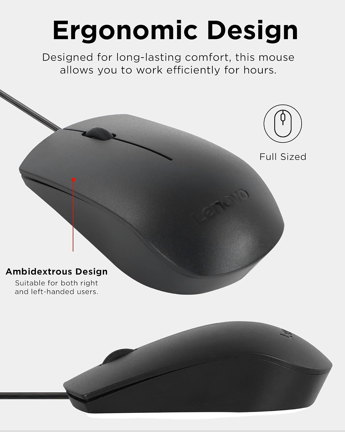 Lenovo 100 Wired USB Computer Mouse for PC, Laptop, Computer with Windows - Full-Size - Ambidextrous Design - 3 Buttons - Red Optical Sensor – Black