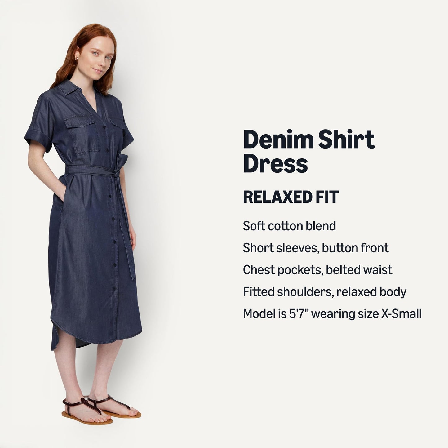Amazon Essentials Women's Relaxed-Fit Short Sleeve Button-Down Dress with Belt