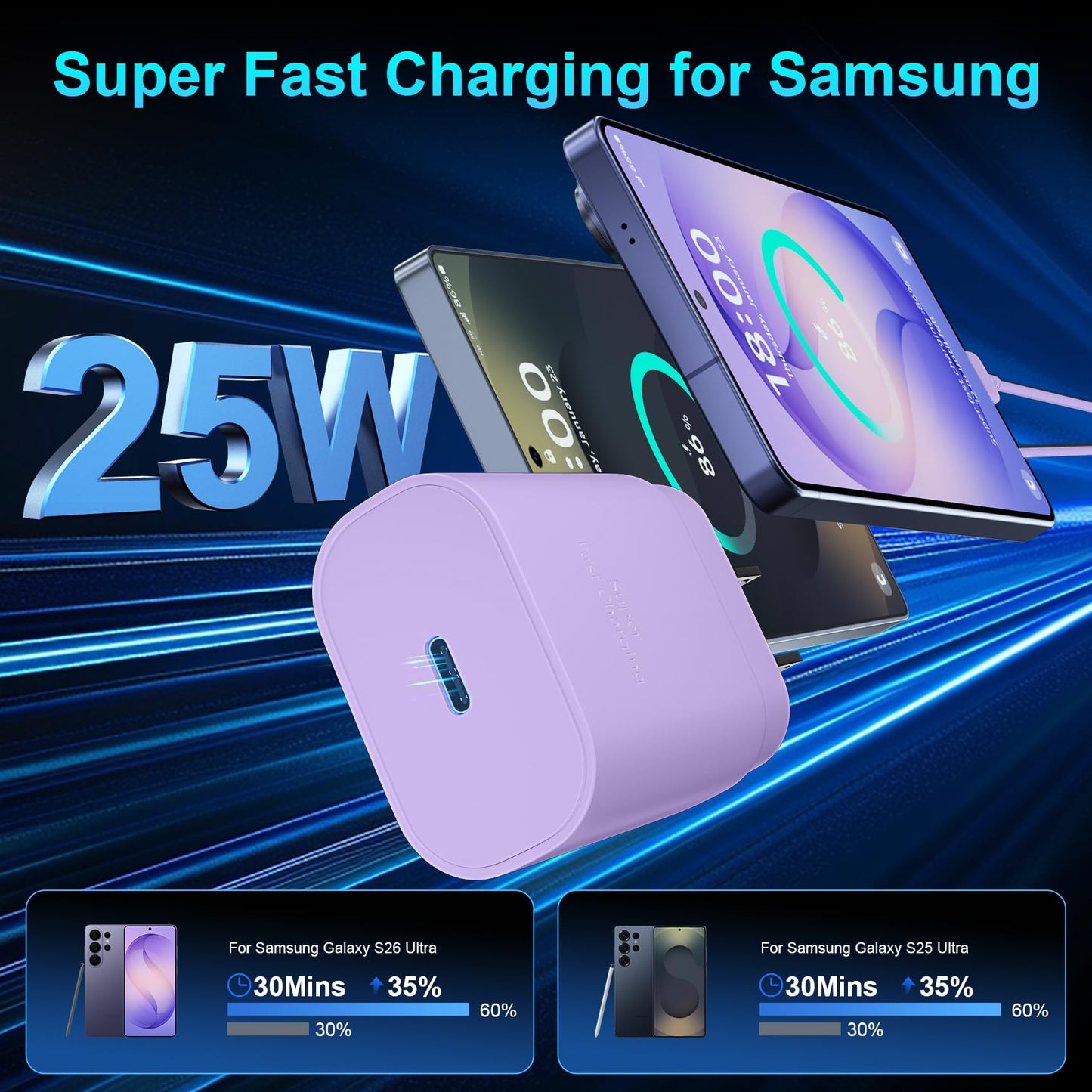 Super Fast Charger Type C, 25W USB C Wall Charger Fast Charging for Samsung Galaxy S26 Ultra/S26/S26+/S25 Ultra/S25/24 Ultra/S24/S23 Ultra/S22 Ultra with 10FT Long Android Type C Charger Cable 2Pack