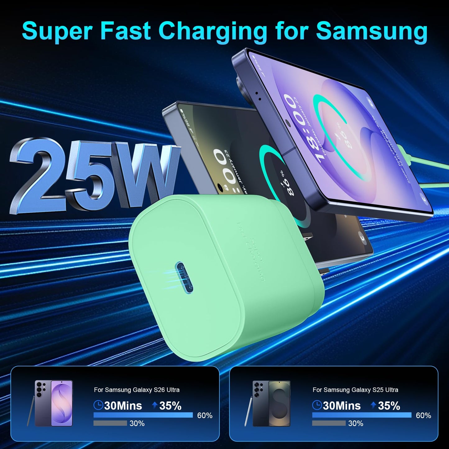 Super Fast Charger Type C, 25W USB C Wall Charger Fast Charging for Samsung Galaxy S26 Ultra/S26/S26+/S25 Ultra/S25/24 Ultra/S24/S23 Ultra/S22 Ultra with 10FT Long Android Type C Charger Cable 2Pack