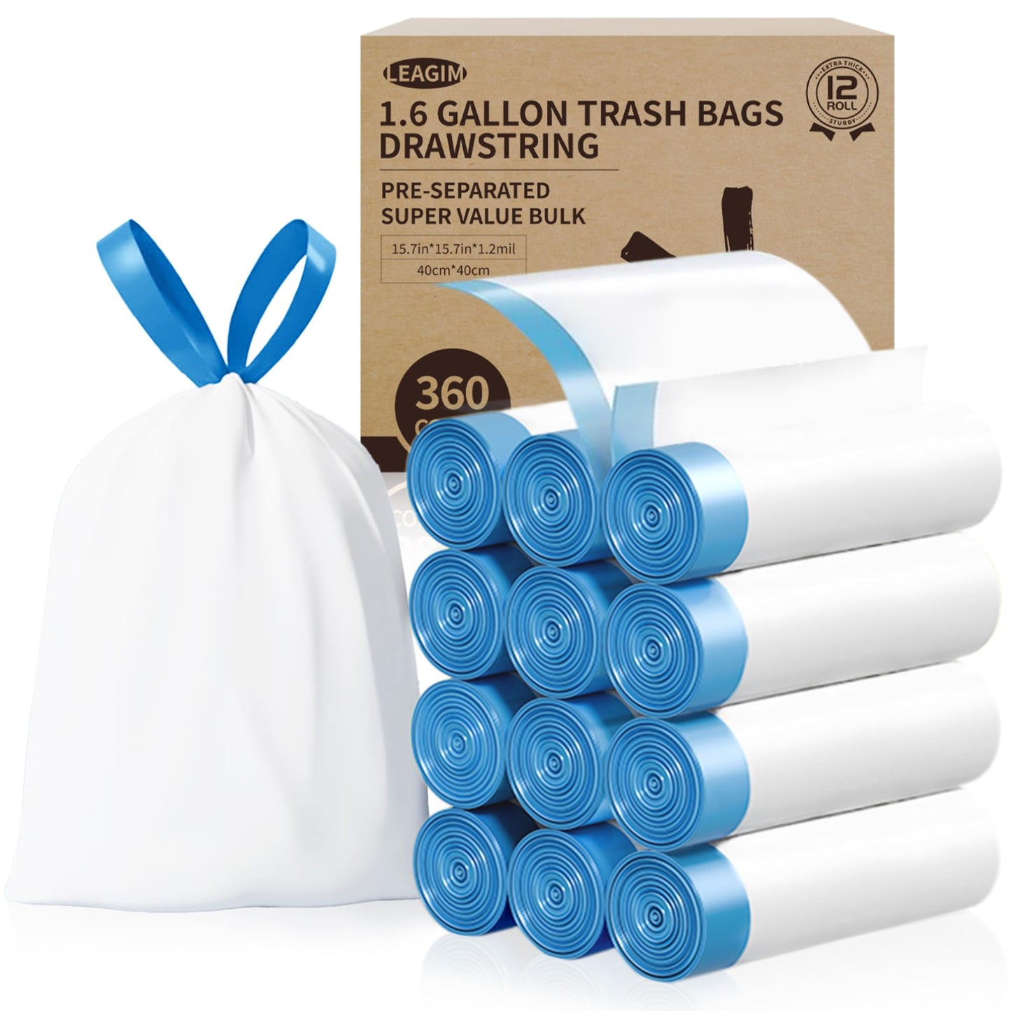 Small Trash Bags 3 Gallon, 360 Count -1.2 Mil Drawstring Mini Garbage Bags, White Plastic Trash Can Liners for Bathroom Accessories, 12 Liter, Bedroom, Dorm Room Essentials, Office