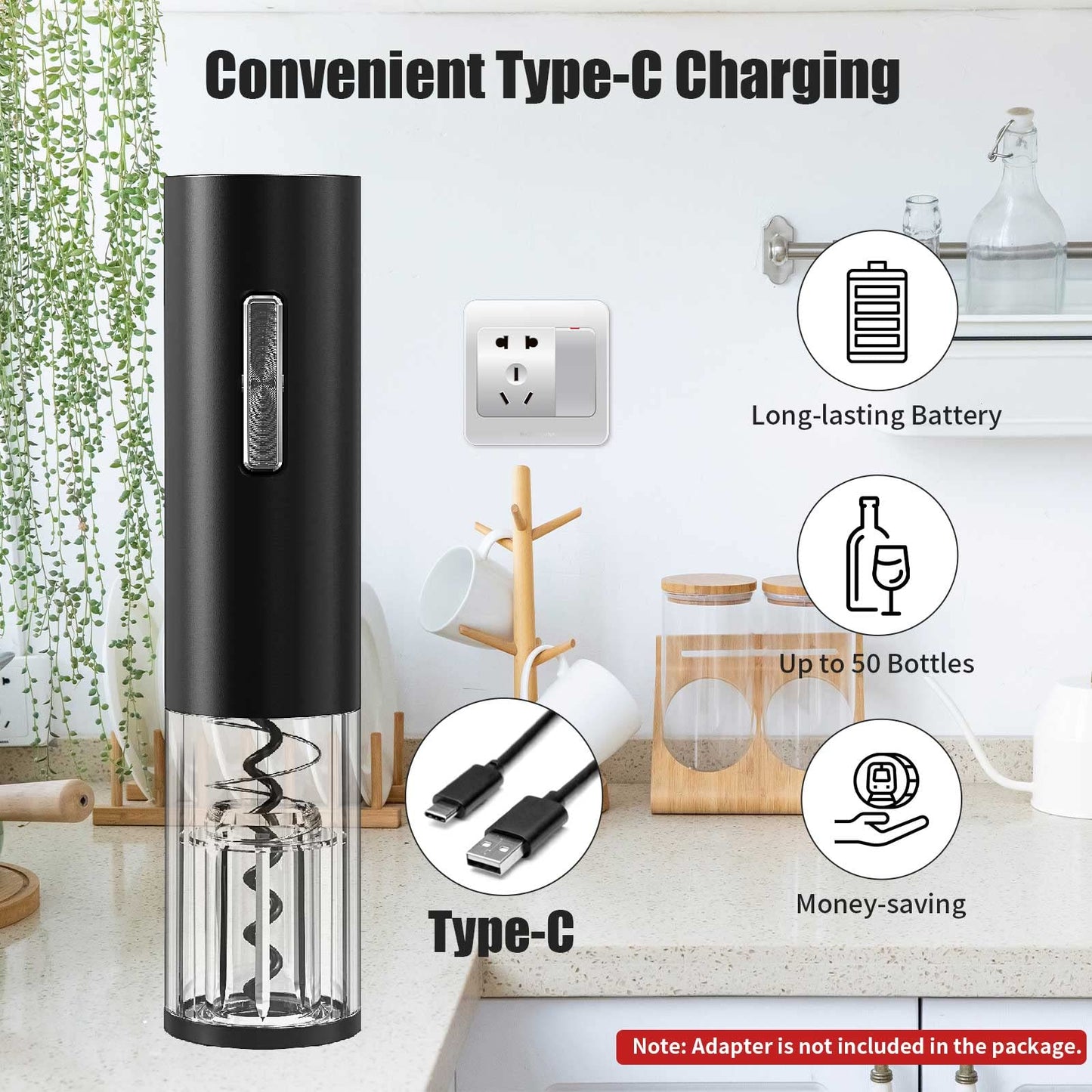 Electric Wine Opener Set TEBIKIN Automatic Wine Bottle Openers Cordless Battery Powered Corkscrew with Vacuum Wine Stoppers Wine Aerator Pourer Foil Cutter for Home Gift Party Valentine's Day