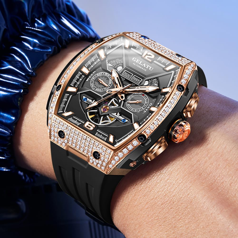 OLEVS GELATU Men Watch Automatic Tonneau Watch Skeleton Mechanical 50M Waterproof Sapphire Crystal Square Face Multi Calendar Function