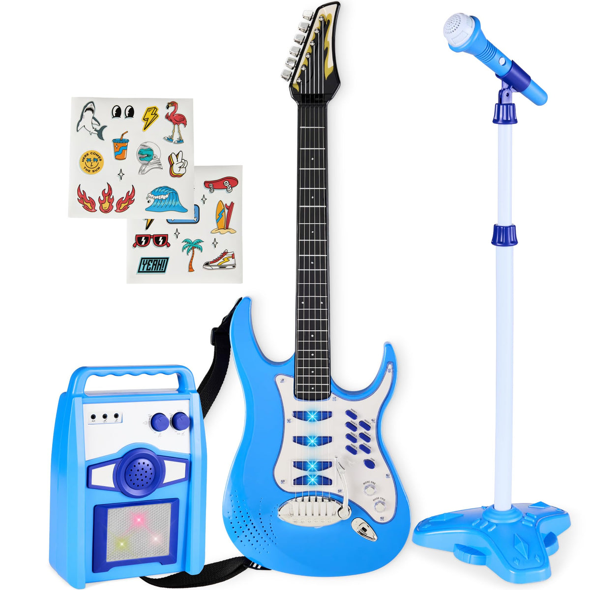 Best Choice Products Kids Electric Guitar Set with Microphone & Amp, Interactive Musical Toy for Boys & Girls, Lights & Sounds, Demo Songs, AUX Input, DIY Stickers - Blue