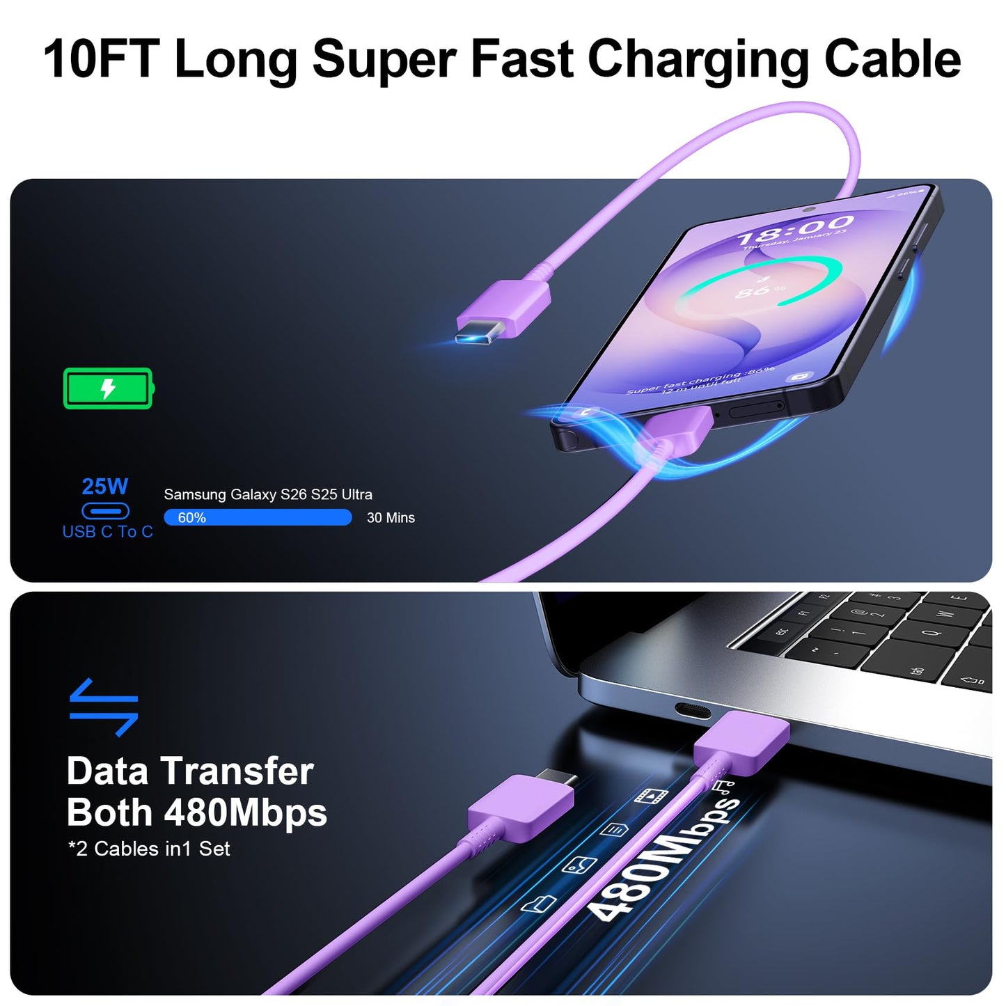 Super Fast Charger Type C, 25W USB C Wall Charger Fast Charging for Samsung Galaxy S26 Ultra/S26/S26+/S25 Ultra/S25/24 Ultra/S24/S23 Ultra/S22 Ultra with 10FT Long Android Type C Charger Cable 2Pack