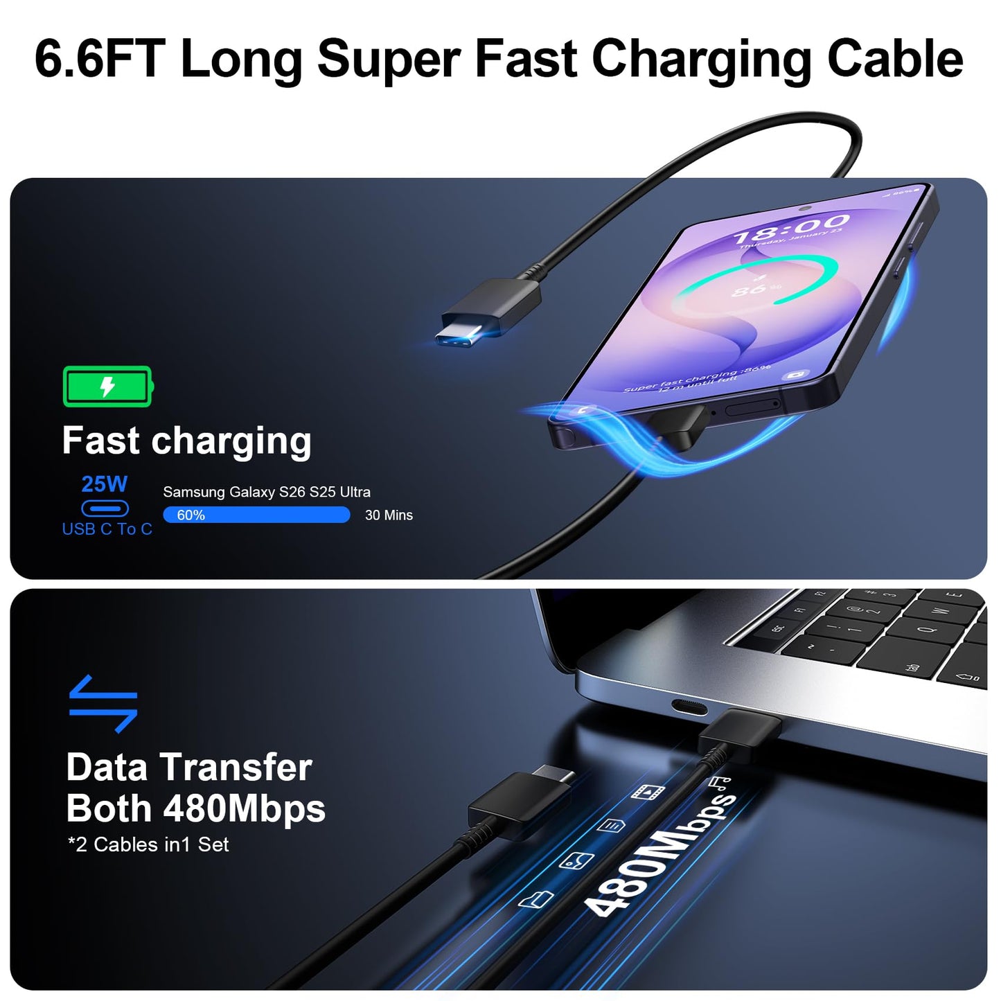 Super Fast Charger Type C, 25W USB C Wall Charger Fast Charging for Samsung Galaxy S26 Ultra/S26/S26+/S25 Ultra/S25/24 Ultra/S24/S23 Ultra/S22 Ultra with 10FT Long Android Type C Charger Cable 2Pack