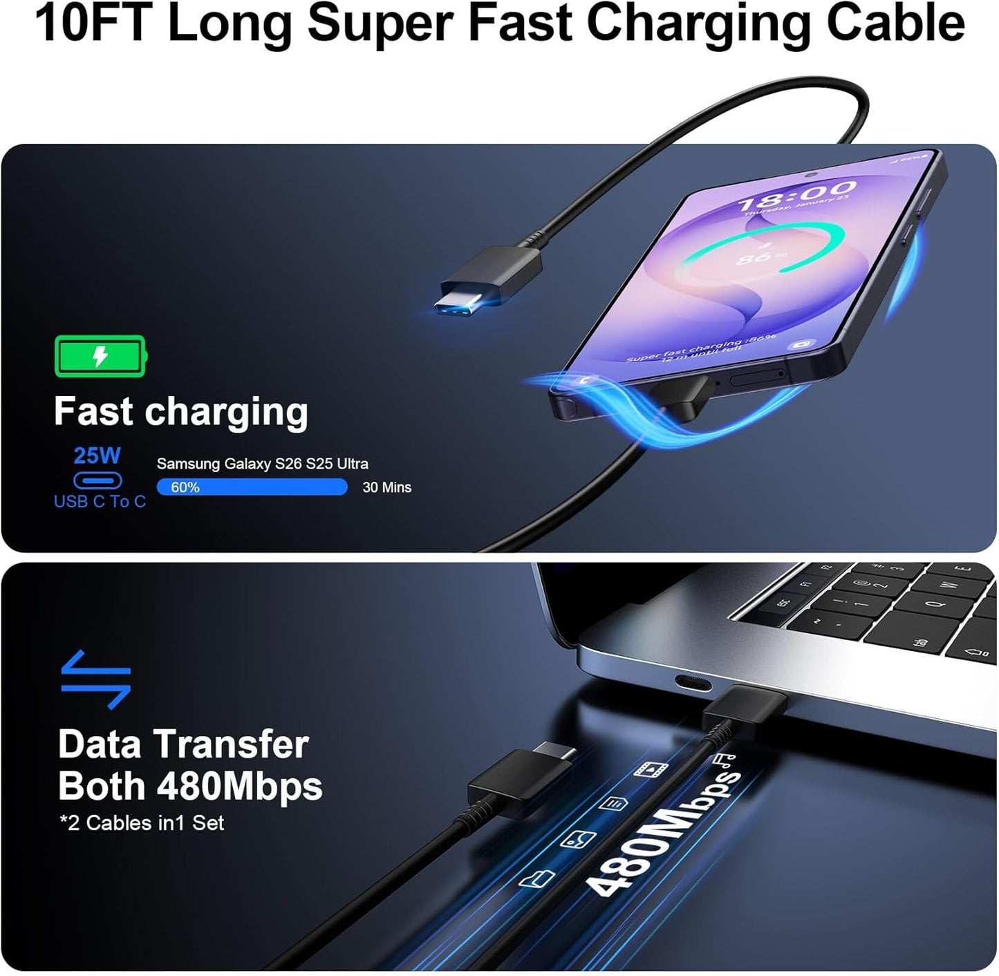 Super Fast Charger Type C, 25W USB C Wall Charger Fast Charging for Samsung Galaxy S26 Ultra/S26/S26+/S25 Ultra/S25/24 Ultra/S24/S23 Ultra/S22 Ultra with 10FT Long Android Type C Charger Cable 2Pack