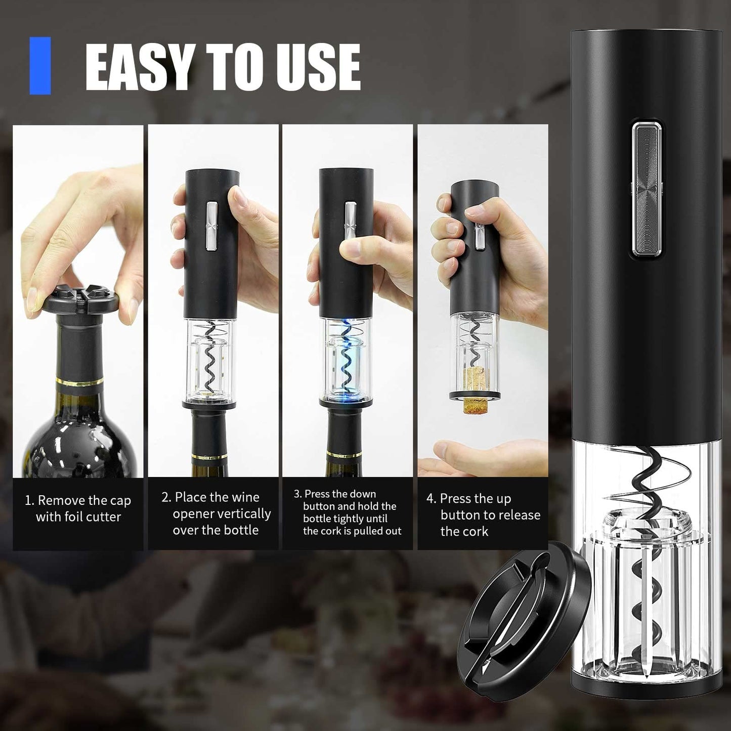 Electric Wine Opener Set TEBIKIN Automatic Wine Bottle Openers Cordless Battery Powered Corkscrew with Vacuum Wine Stoppers Wine Aerator Pourer Foil Cutter for Home Gift Party Valentine's Day