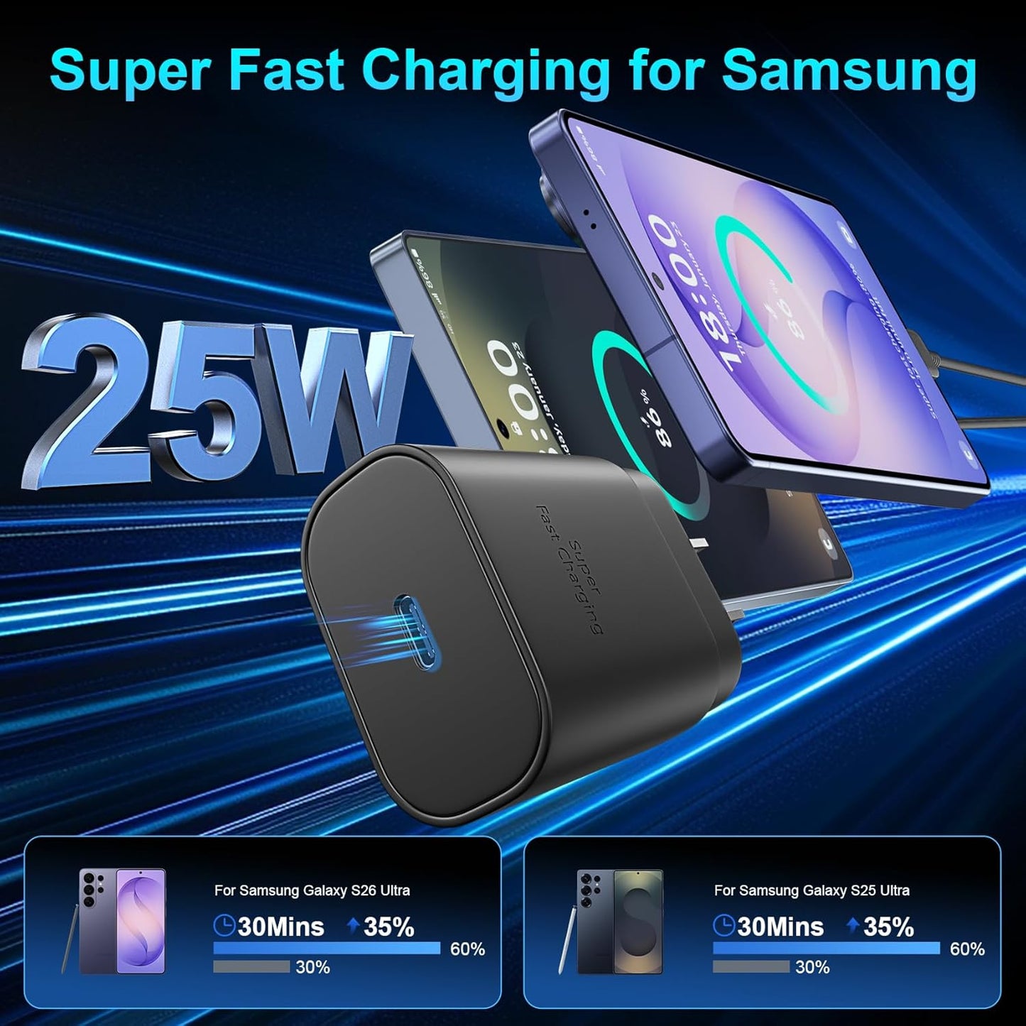 Super Fast Charger Type C, 25W USB C Wall Charger Fast Charging for Samsung Galaxy S26 Ultra/S26/S26+/S25 Ultra/S25/24 Ultra/S24/S23 Ultra/S22 Ultra with 10FT Long Android Type C Charger Cable 2Pack