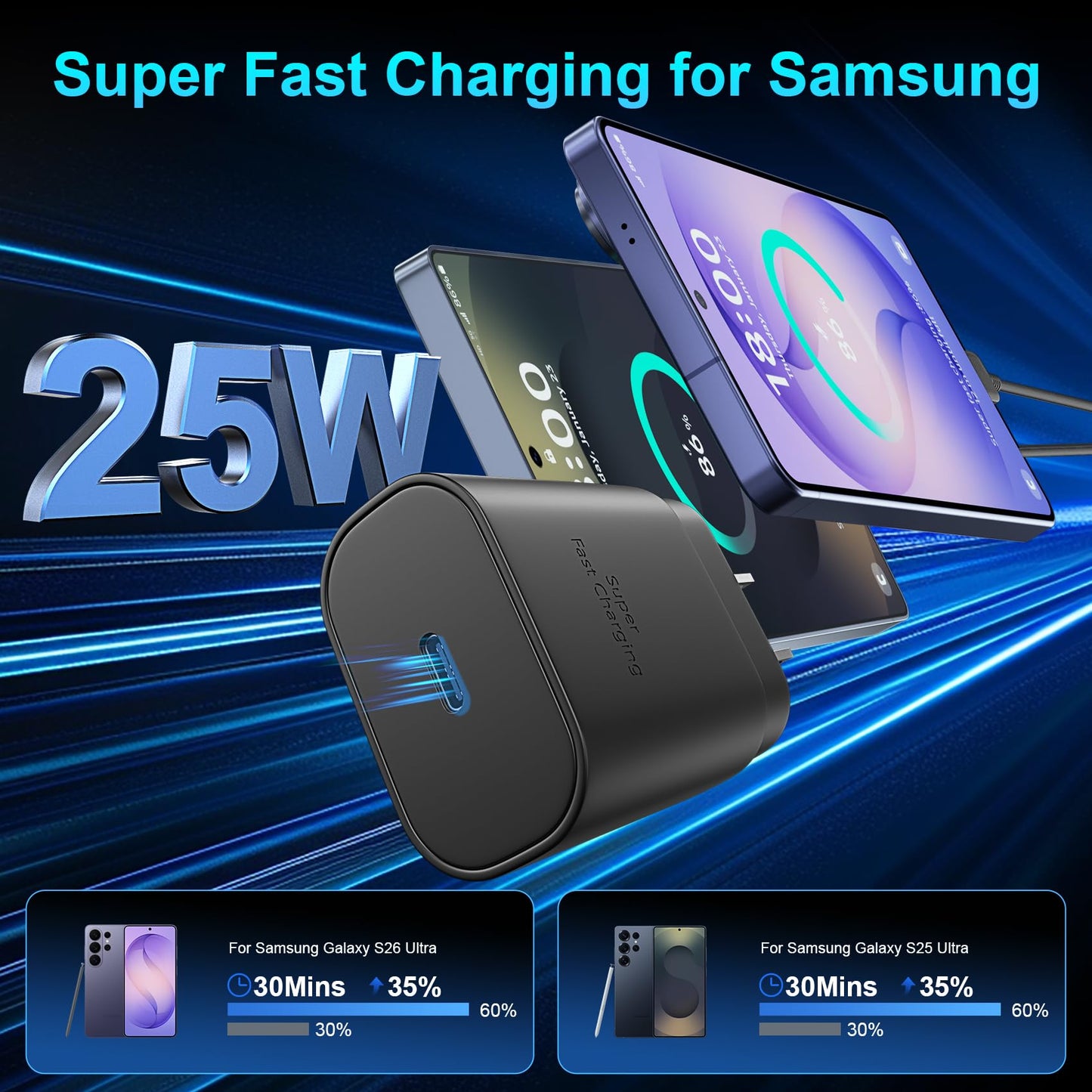 Super Fast Charger Type C, 25W USB C Wall Charger Fast Charging for Samsung Galaxy S26 Ultra/S26/S26+/S25 Ultra/S25/24 Ultra/S24/S23 Ultra/S22 Ultra with 10FT Long Android Type C Charger Cable 2Pack