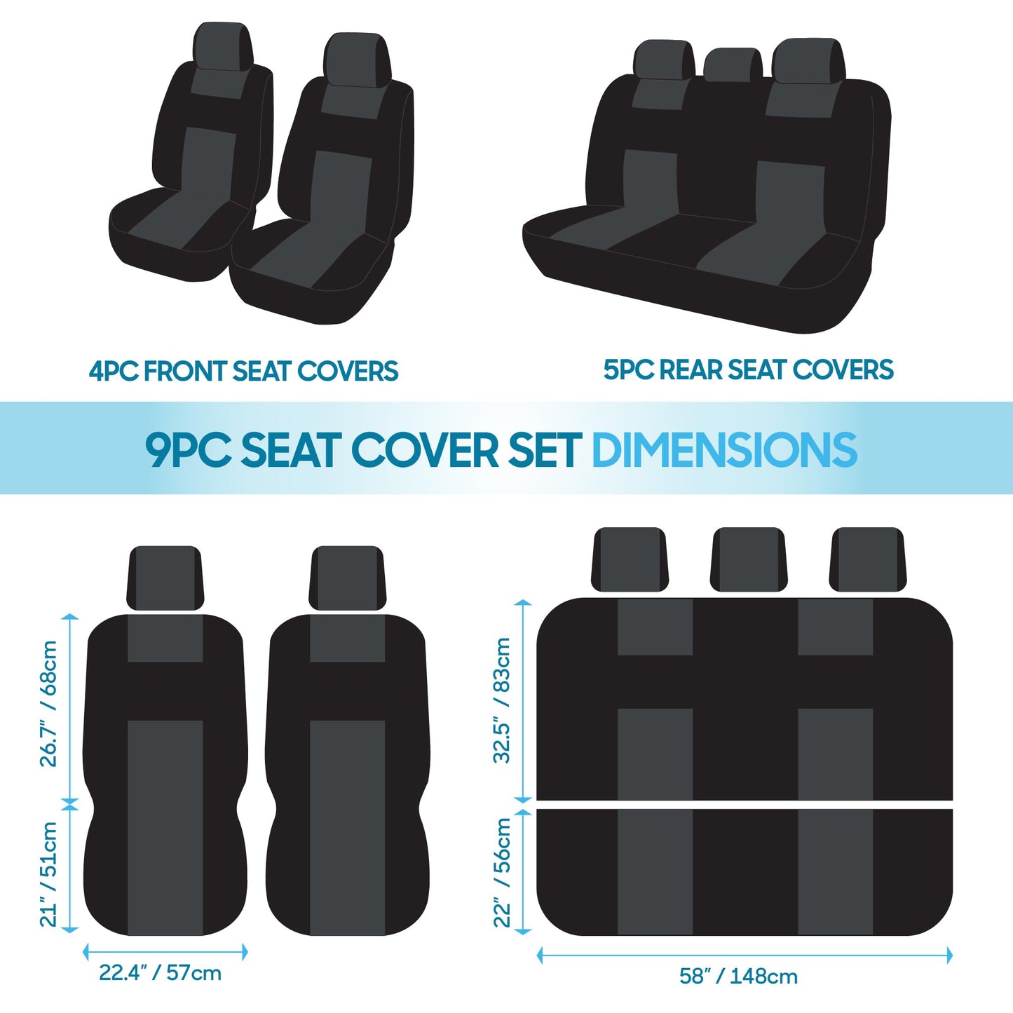 BDK PolyPro Car Seat Covers Full Set in Charcoal on Black – Front and Rear Split Bench for Cars, Easy to Install Cover Set, Accessories Auto Trucks Van SUV