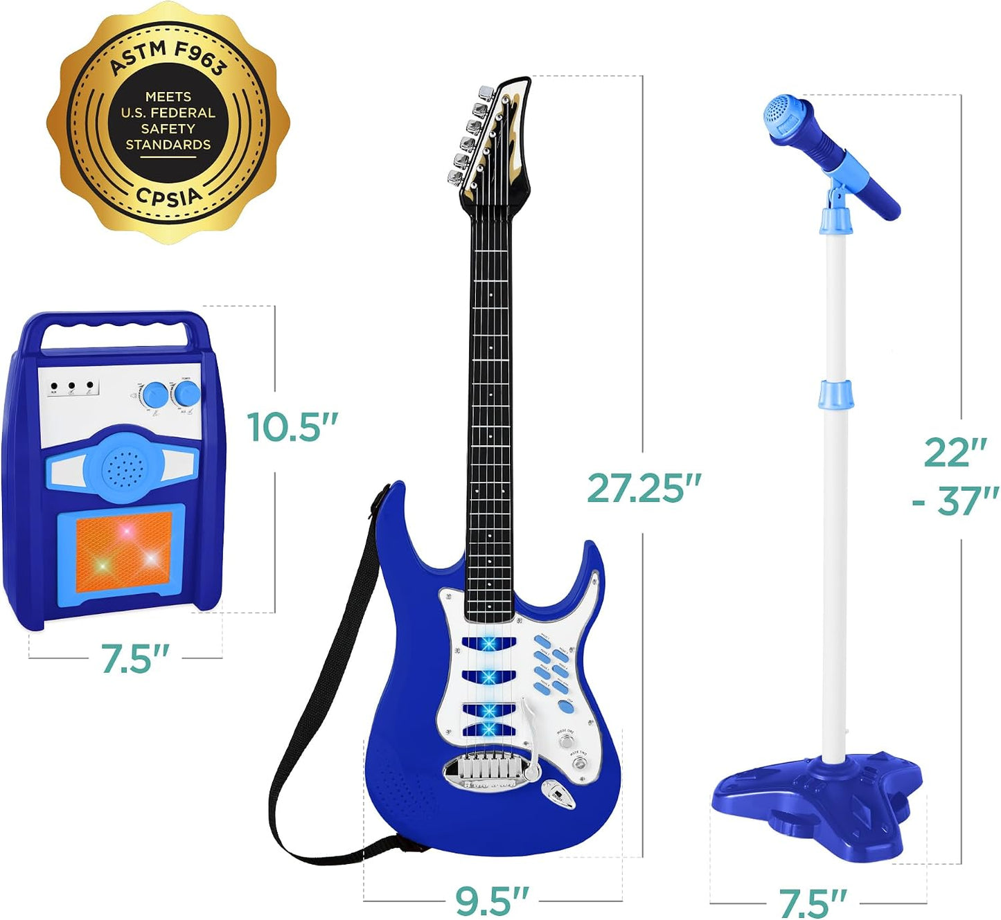 Best Choice Products Kids Electric Guitar Set with Microphone & Amp, Interactive Musical Toy for Boys & Girls, Lights & Sounds, Demo Songs, AUX Input, DIY Stickers - Blue