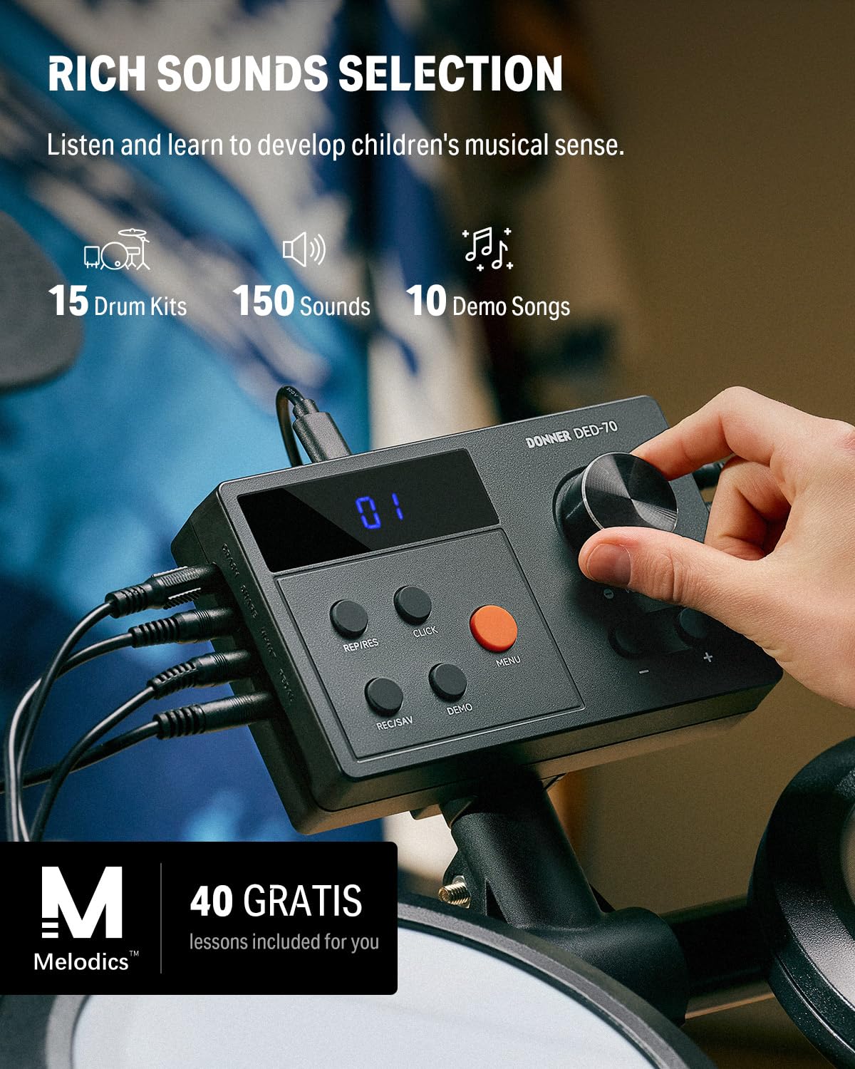 Donner Electric Drum Set, DED-70 Electronic Drum Kit for Beginner with 150 Sounds, 4 Quiet Mesh Pads, 9" Cymbals, USB MIDI, Type-C Charging, 2 Pedal, Throne, Headphones, Sticks, Melodics Lessons