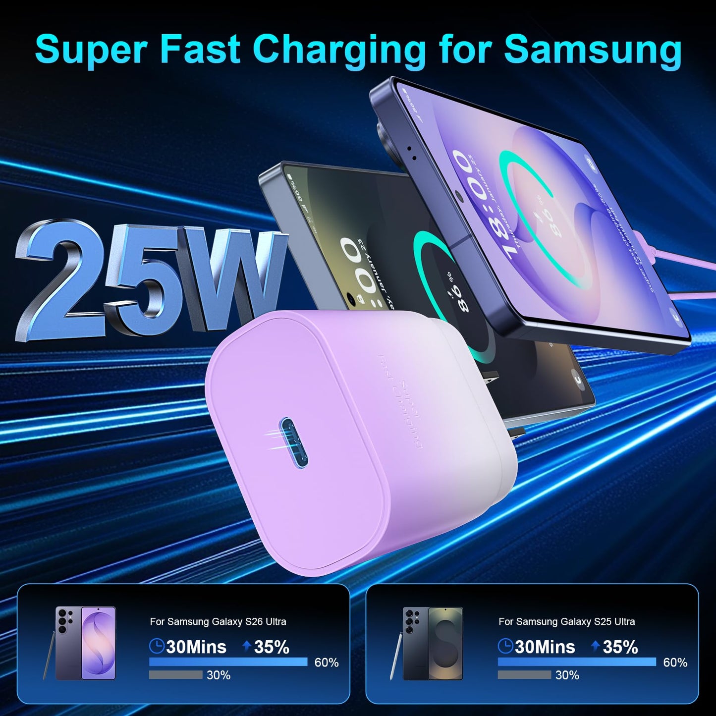 Super Fast Charger Type C, 25W USB C Wall Charger Fast Charging for Samsung Galaxy S26 Ultra/S26/S26+/S25 Ultra/S25/24 Ultra/S24/S23 Ultra/S22 Ultra with 10FT Long Android Type C Charger Cable 2Pack