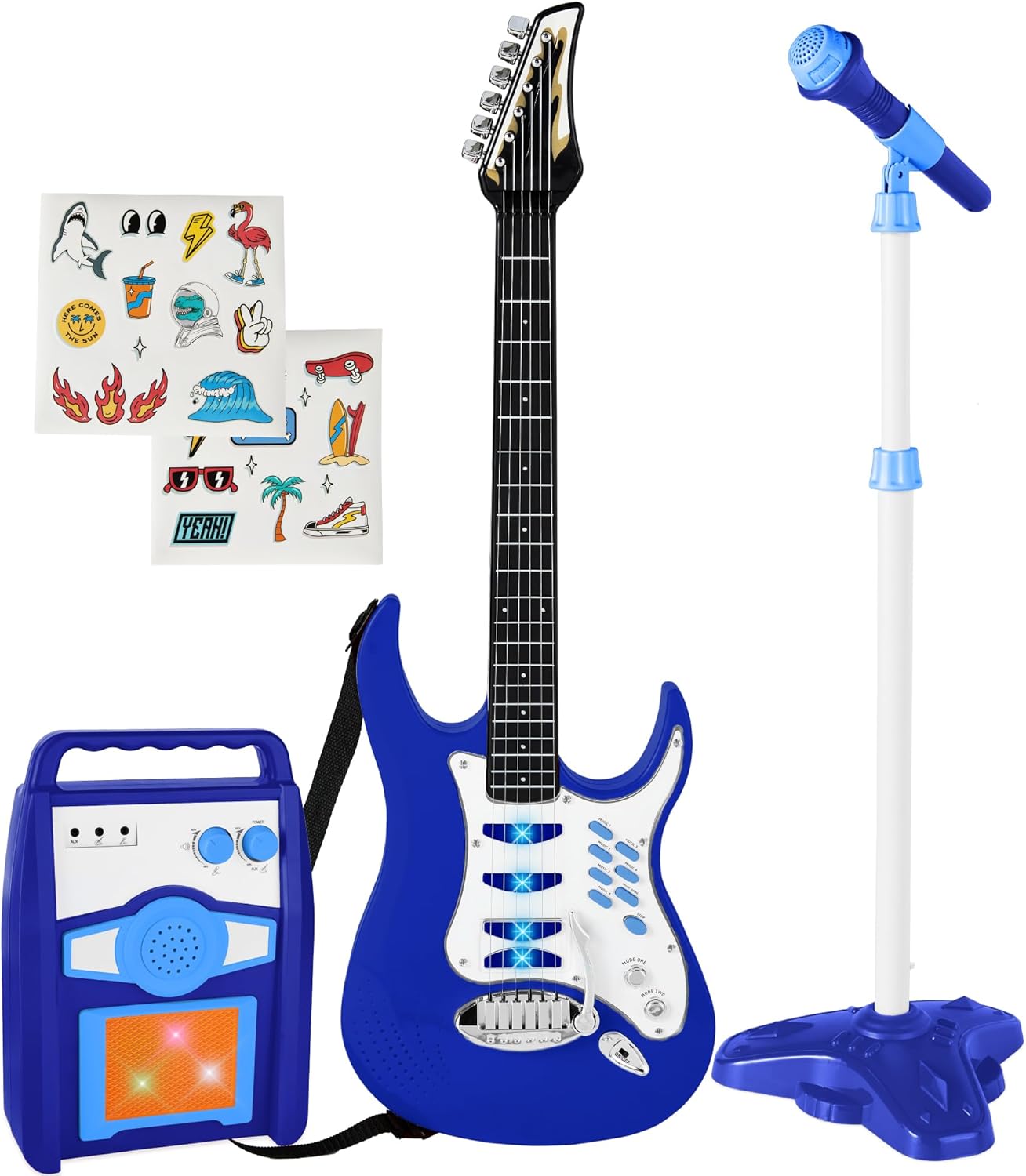 Best Choice Products Kids Electric Guitar Set with Microphone & Amp, Interactive Musical Toy for Boys & Girls, Lights & Sounds, Demo Songs, AUX Input, DIY Stickers - Blue