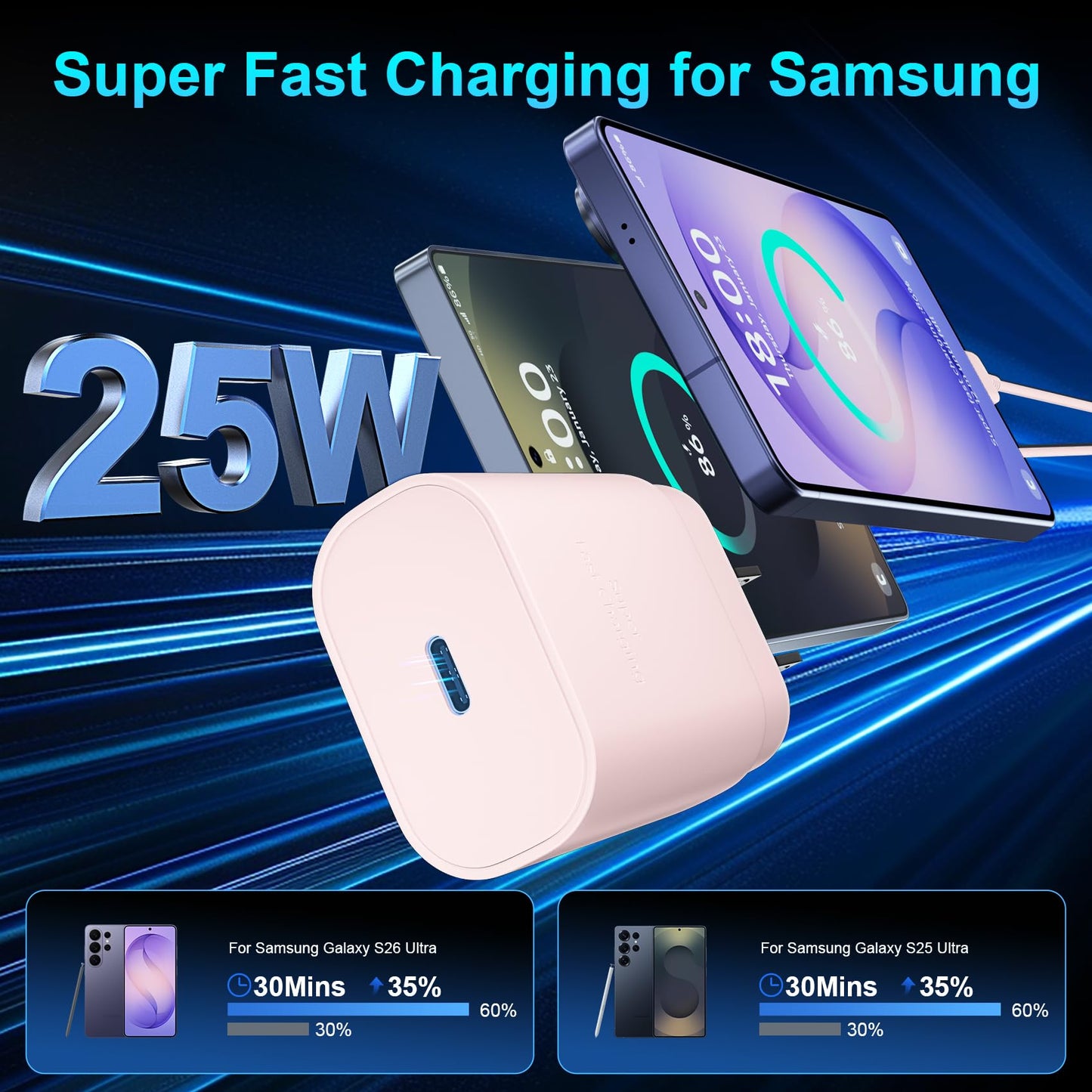 Super Fast Charger Type C, 25W USB C Wall Charger Fast Charging for Samsung Galaxy S26 Ultra/S26/S26+/S25 Ultra/S25/24 Ultra/S24/S23 Ultra/S22 Ultra with 10FT Long Android Type C Charger Cable 2Pack