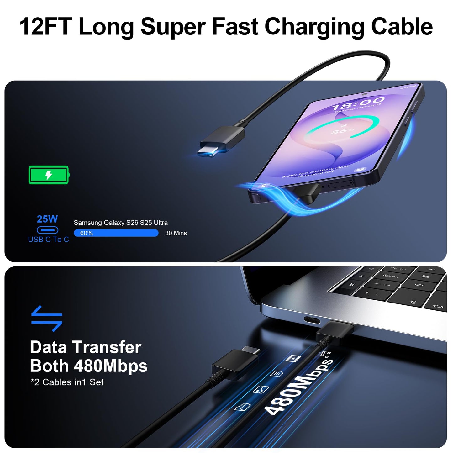 Super Fast Charger Type C, 25W USB C Wall Charger Fast Charging for Samsung Galaxy S26 Ultra/S26/S26+/S25 Ultra/S25/24 Ultra/S24/S23 Ultra/S22 Ultra with 10FT Long Android Type C Charger Cable 2Pack