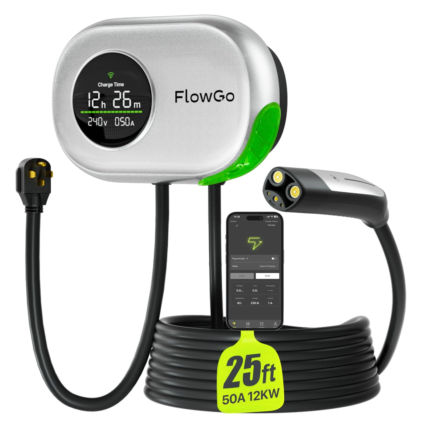 Level 2 Charger for Tesla 50A Smart Home Charger NACS 240V Tesla Charger 50 Apms Large Motion-Activate Display Screen One-Piece Housing Metal Case 25 FT Cable NEMA 14-50 Plug