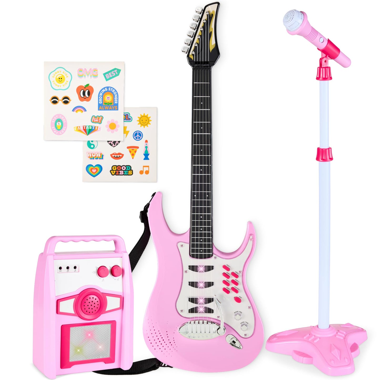 Best Choice Products Kids Electric Guitar Set with Microphone & Amp, Interactive Musical Toy for Boys & Girls, Lights & Sounds, Demo Songs, AUX Input, DIY Stickers - Blue
