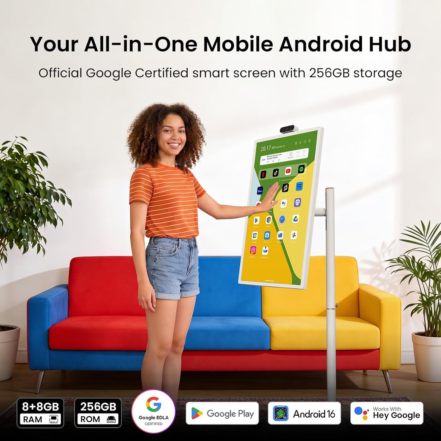 ApoloSign 32 Inch 4K UHD Smart Portable TV on Wheels, Android 16 EDLA Certified, 256GB Storage, Built-in 15000mAh Battery, Voice Remote, Touch Screen TV with Rolling Stand for Home, Office - Gen2