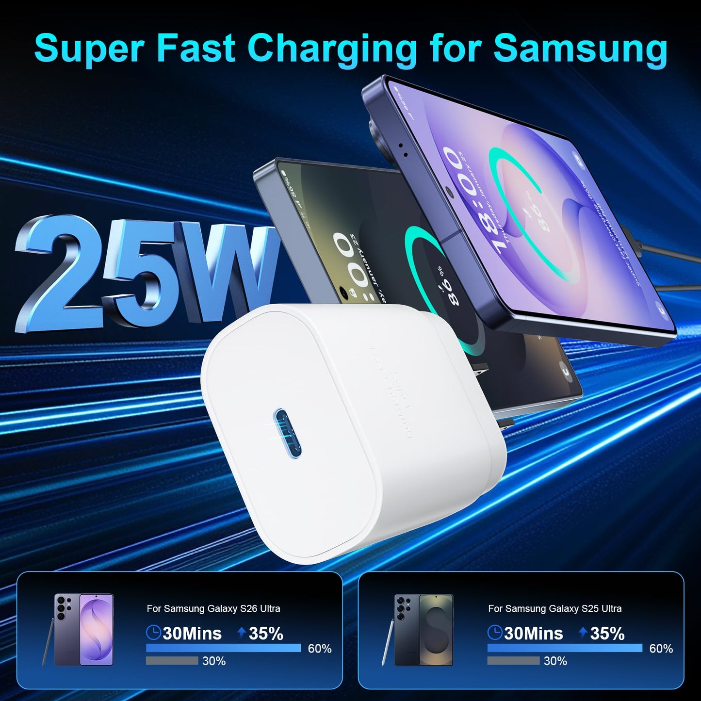 Super Fast Charger Type C, 25W USB C Wall Charger Fast Charging for Samsung Galaxy S26 Ultra/S26/S26+/S25 Ultra/S25/24 Ultra/S24/S23 Ultra/S22 Ultra with 10FT Long Android Type C Charger Cable 2Pack